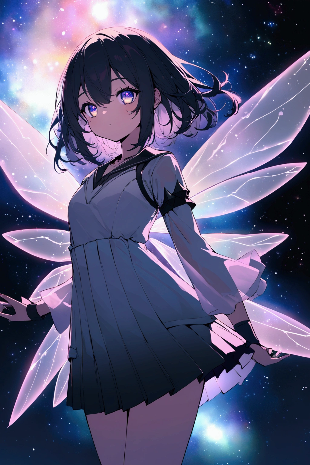 On a top a long pipe is a cute fairy with spikes gel set hair and black eywswith Galaxy stars inside her eyes. V- neck@mini flared pleated dress. Futuristic Background lights under her translucent ethereal wings