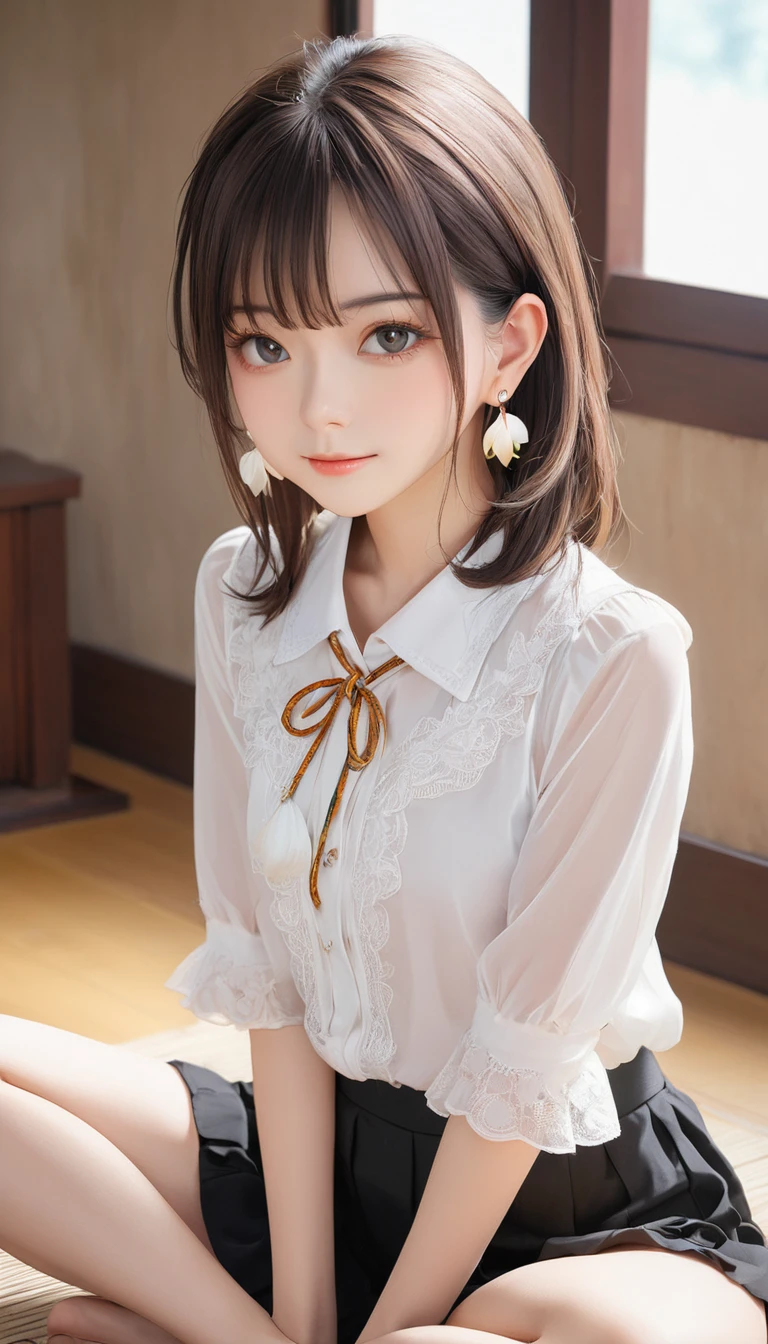(masterpiece, Highest quality:1.2), One girl, alone,bony body、15 years old、Earringatured female) , (lotus position) , blouse , bangs