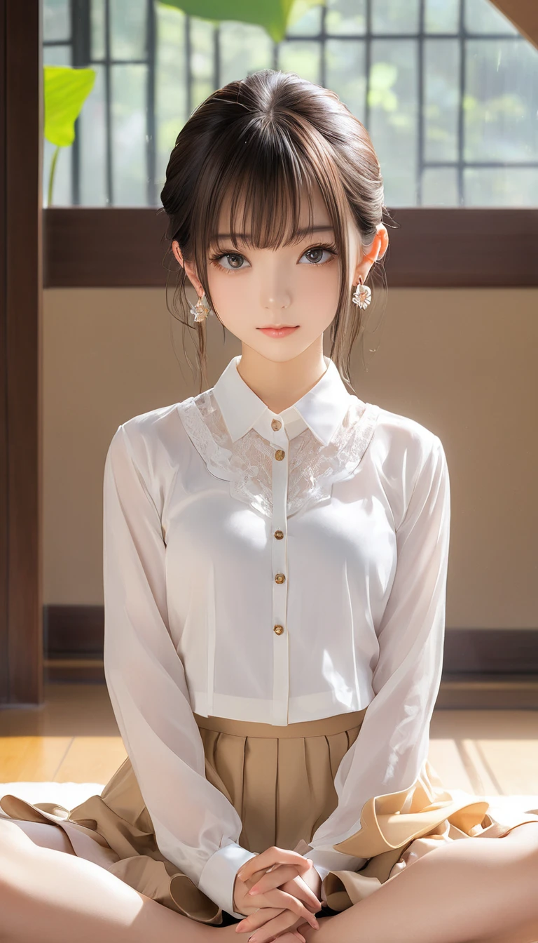 (masterpiece, Highest quality:1.2), One girl, alone,bony body、、Earringatured female) , (lotus position) , blouse , bangs