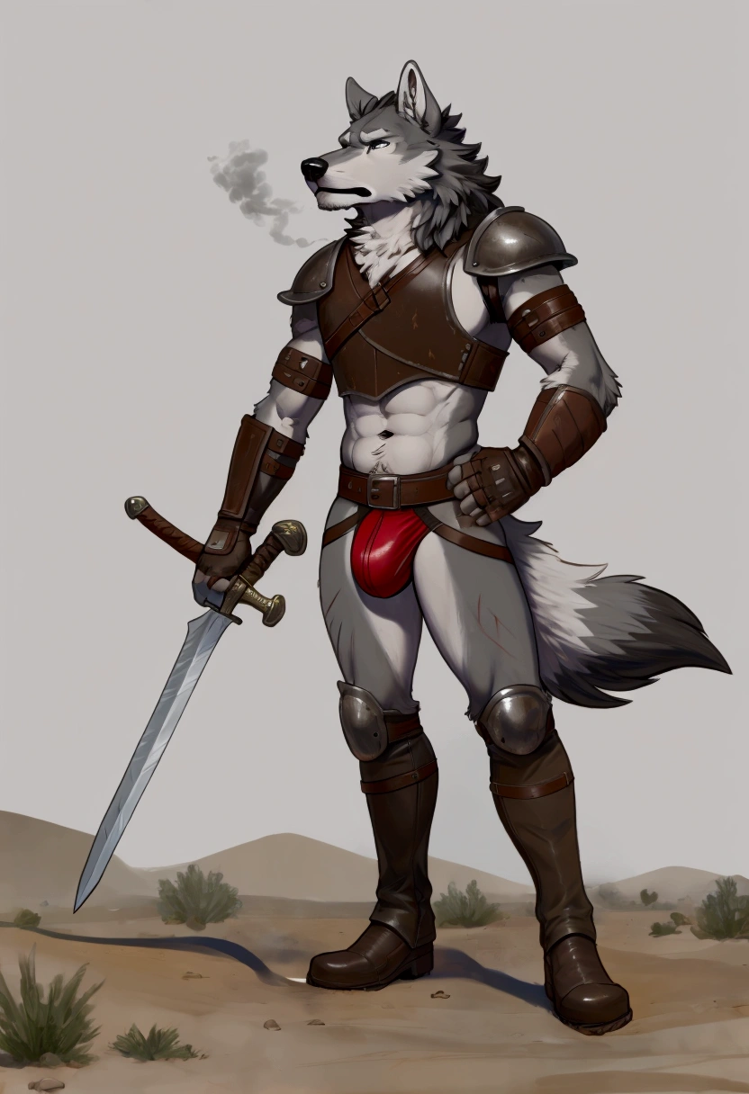 Solo Sexy young anthro furry wolf male mercenary medieval solider, slim slim muscular, anthro handsome gay shorter muzzle, handsome gay model male apperance, sword scars, worn out leather skimpy armament, low on hips heavy leather belt, old very worn out skimpy dirty linen material jockstrap, old yellow dirty worn out stains on white sawn jockstrap, very visible "x" brown seam pattern on the jockstrap, studded skimpy armlets breastplate armor, skimpy breastplate, leather bondages, fingerless leather gloves, smelly unwashed black furr, dirty body look, desert battlefield, standing in sexy fighting position, close view of full character
