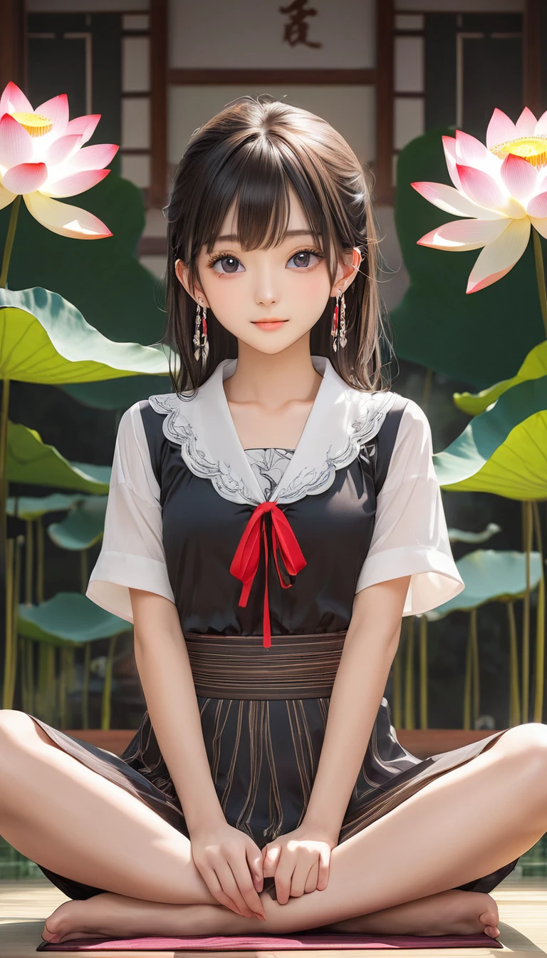 (masterpiece, Highest quality:1.2), One girl, alone,bony body、15 years old、Earringatured female) , (lotus position) , blouse , bangs
