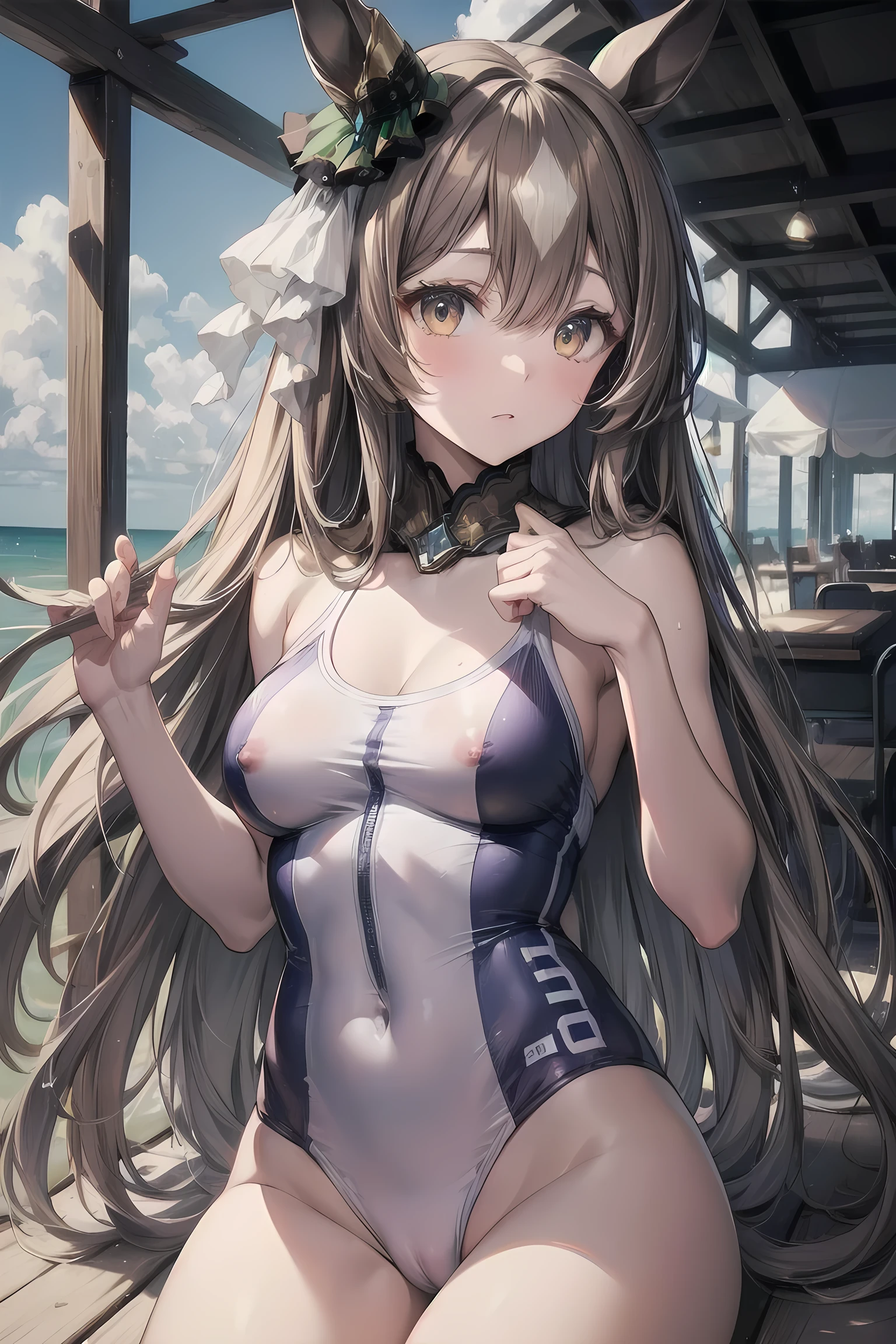 (NSFW:1.1), masterpiece, Highest quality, Ultra-high resolution, Highest Resolution, Very detailed, cowboy shot, very cute, Complete limbs, Shining Eyes, Full Finger, bbsato, long hair, half updo, braid, hair between eyes, animal ears, ear ornament, horse tailr, Embarrassed look, Writhing expression, School swimsuit, Glowing Skin, sexy pose, beach, Bubble, (Wind:1.2)