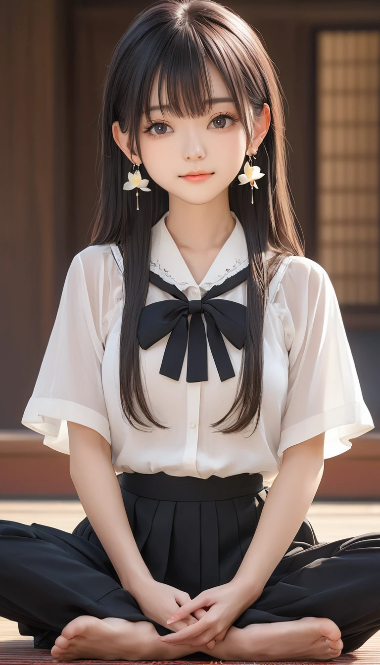 (masterpiece, Highest quality:1.2), One girl, alone,bony body、、Earringatured female) , (lotus position) , blouse , bangs