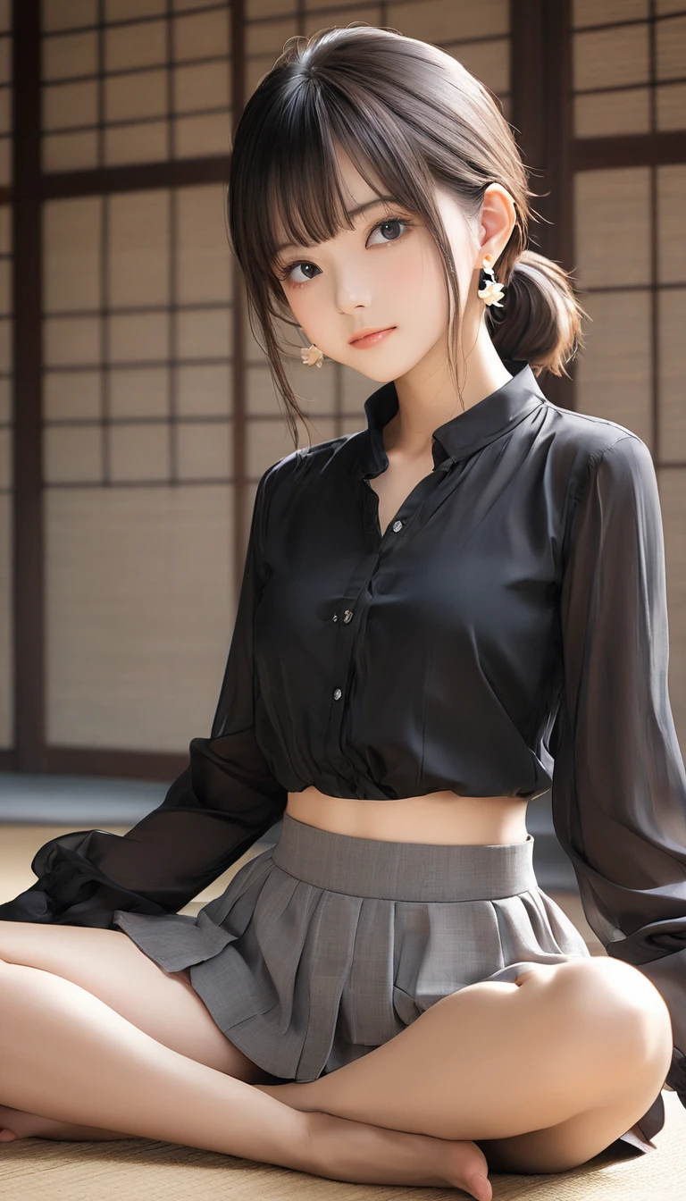 (masterpiece, Highest quality:1.2), One girl, alone,bony body、、Earringatured female) , (lotus position) , blouse , bangs