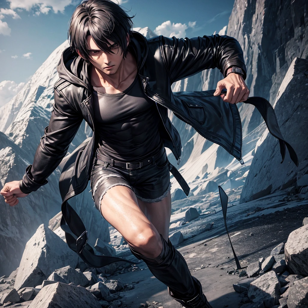 Look like Leon kennedy black hair black hood black jacket gray t shirt black jean walking on mountains back side look Animation 3d