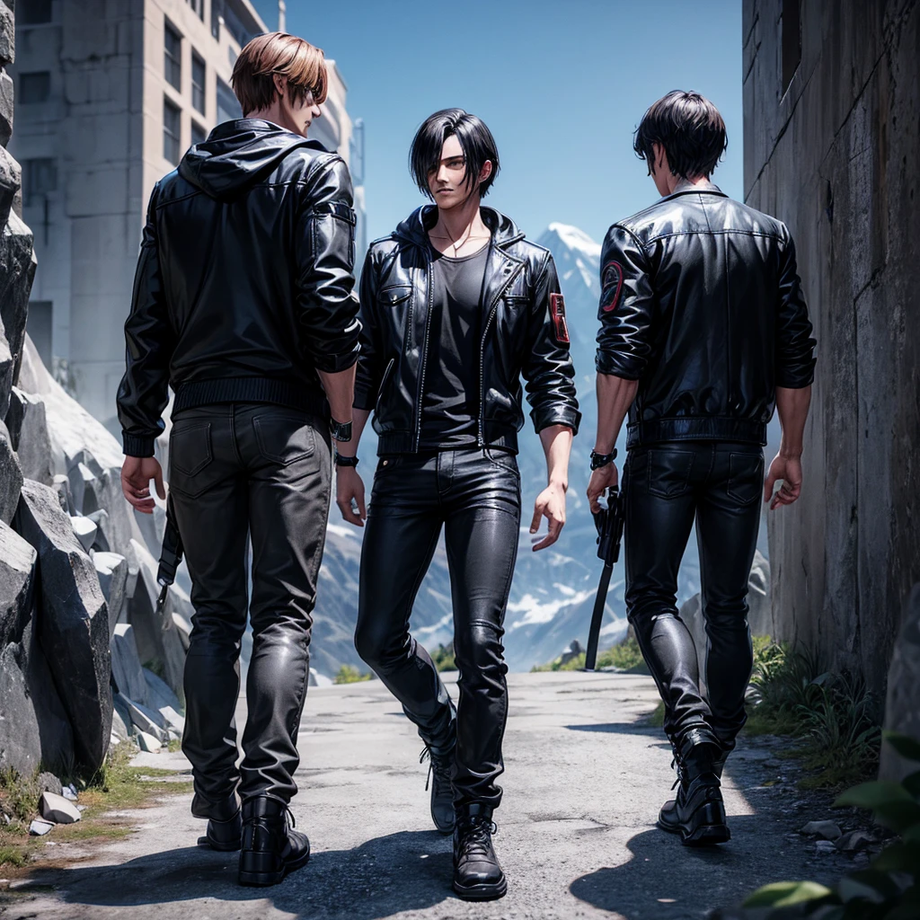 Look like Leon kennedy black hair black hood black jacket gray t shirt black jean walking on mountains back side look Animation 3d