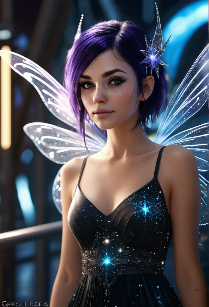 photography, high detail, realistic, masterpiece, HD best quality, perfect face.Artist Mary Jurgens, Starsnits90, Greg Rutkowski Cryengine, Ubisoft))On a top a long pipe is a cute fairy with spikes gel set hair and black eywswith Galaxy stars inside her eyes. V- neck@mini flared pleated dress.  Futuristic Background lights under her translucent ethereal wings