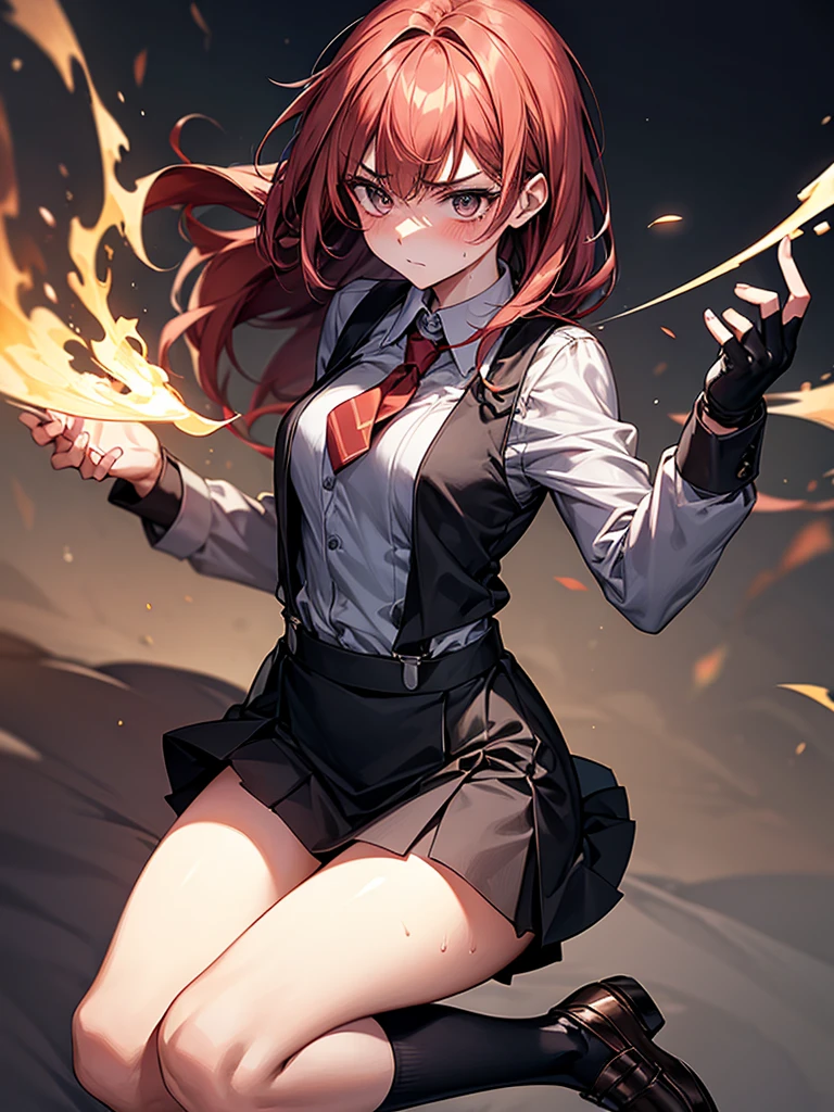 {{masterpiece}}, {{{Highest quality}}},{{Very detailed}}{{{A mature woman attacks with fire magic}}},{{疲労でSweatをかいている成人女性}},Sweat,action,{{Blushing}},{{V-shaped eyebrows}},{{Long sleeve mini skirt uniform}},{{suspenders}},{{{Fight}},{Forward tilt},Raise your hand,Shoot flames from your hands ,{{Jump}},{{Eyelet foot}},,{{Magic Attack}},{{}},,Slender body}}{{Female police officer}},,,,suspenders ,Long sleeve mini skirt uniform, White High Socks,Black fingerless gloves, Long Red Hair, Red tie,Straight hair ,Blunt bangs,.amountn loafer,,blush,Wrinkles ,amount,,suffering,v-shaped eyebrows.,Sweat dripping,Medium chest ,get annoyed,