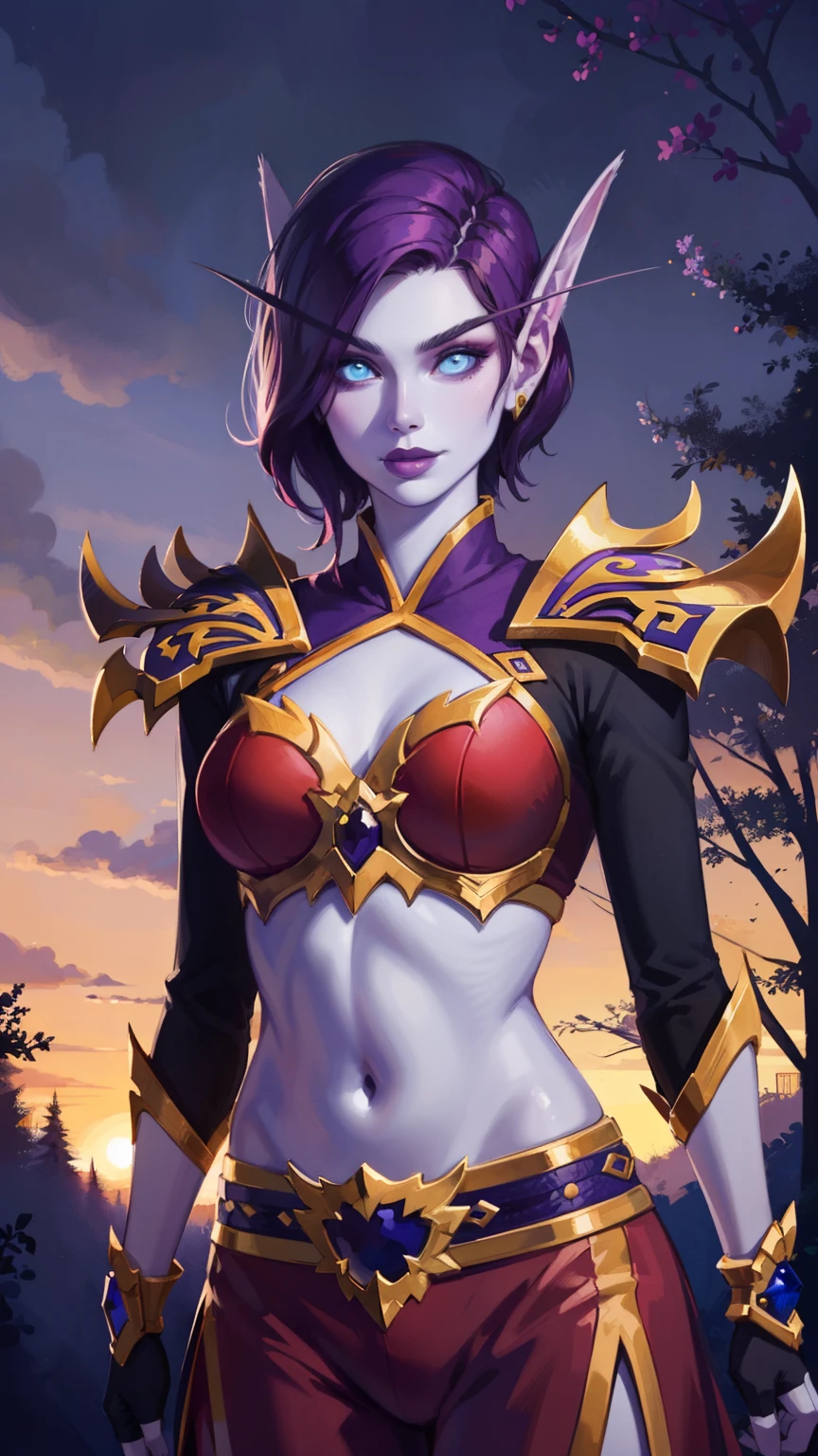 (8K, RAWphotograph, highest quality, masterpiece:1.2), High resolution, Super detailed, intricate details, disorganized, masterpiece, break , beautiful detailed woman, beautifully detailed mouth, highly detailed eyes and face, beautiful and fine eyes, 20 years old girl, (1girl, purple hair, short hair, spiral eyes, smirk, lustful eye, purple lip, licking lips, Tounge out) (digital) (standing) (looking at viewer), (Purple Forest background), (Gold handbands) (purple Ninja outfit)) , best quality, blue eyes, pointy ears, colored skin, blue skin, cover shoulder, sleeves, gloves, Purple clothes, semi crop top, gold trim, voidelf