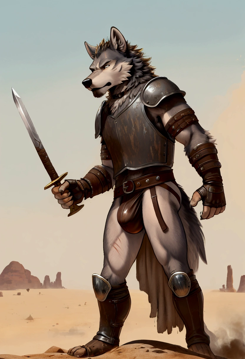 Solo Sexy young anthro furry wolf male mercenary medieval solider, slim slim muscular, anthro handsome gay shorter muzzle, handsome gay model male apperance, sword scars, worn out leather skimpy armament, low on hips heavy leather belt, old very worn out skimpy dirty linen material jockstrap, old yellow dirty worn out stains on white sawn jockstrap, very visible "x" brown seam pattern on the jockstrap, studded skimpy armlets breastplate armor, skimpy breastplate, leather bondages, fingerless leather gloves, smelly unwashed black furr, dirty body look, desert battlefield, standing in sexy fighting position, close view of full character