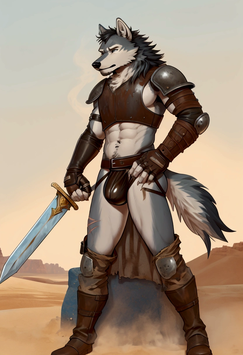 Solo Sexy young anthro furry wolf male mercenary medieval solider, slim slim muscular, anthro handsome gay shorter muzzle, handsome gay model male apperance, sword scars, worn out leather skimpy armament, low on hips heavy leather belt, old very worn out skimpy dirty linen material jockstrap, old yellow dirty worn out stains on white sawn jockstrap, very visible "x" brown seam pattern on the jockstrap, studded skimpy armlets breastplate armor, skimpy breastplate, leather bondages, fingerless leather gloves, smelly unwashed black furr, dirty body look, desert battlefield, standing in sexy fighting position, close view of full character