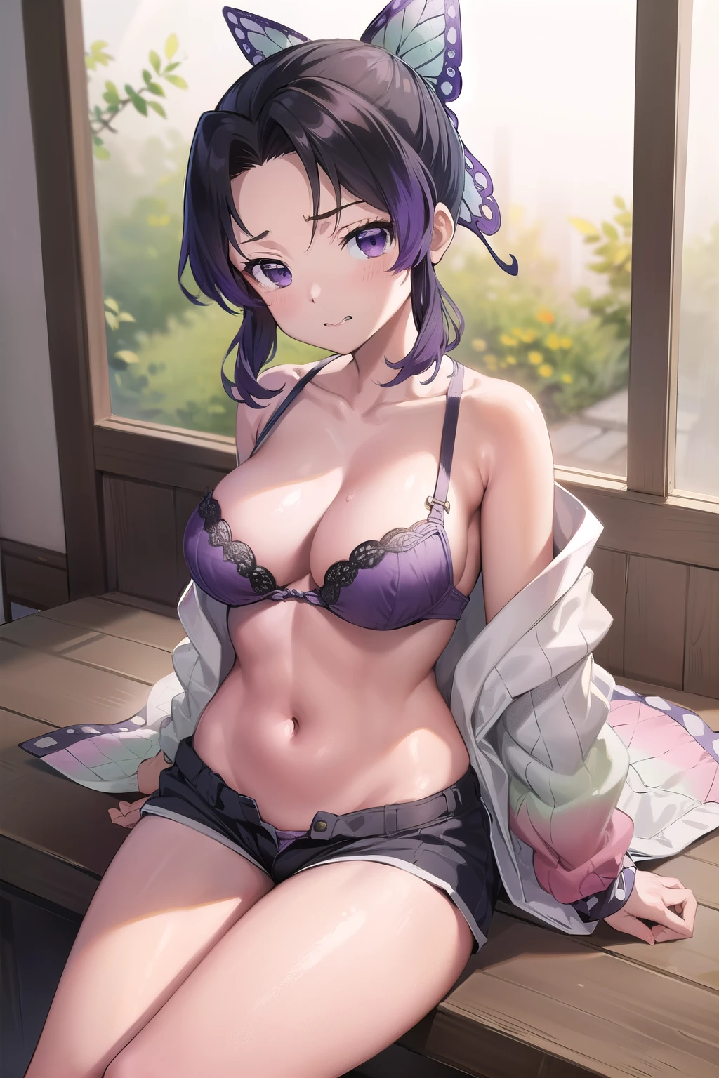 absurdres, highres, ultra detailed, Shinobu kocho ,  angry  face , solo , jacket, open clothes,  bra , medium  breasts  ,shorts , looking at viewer , bedroom . 