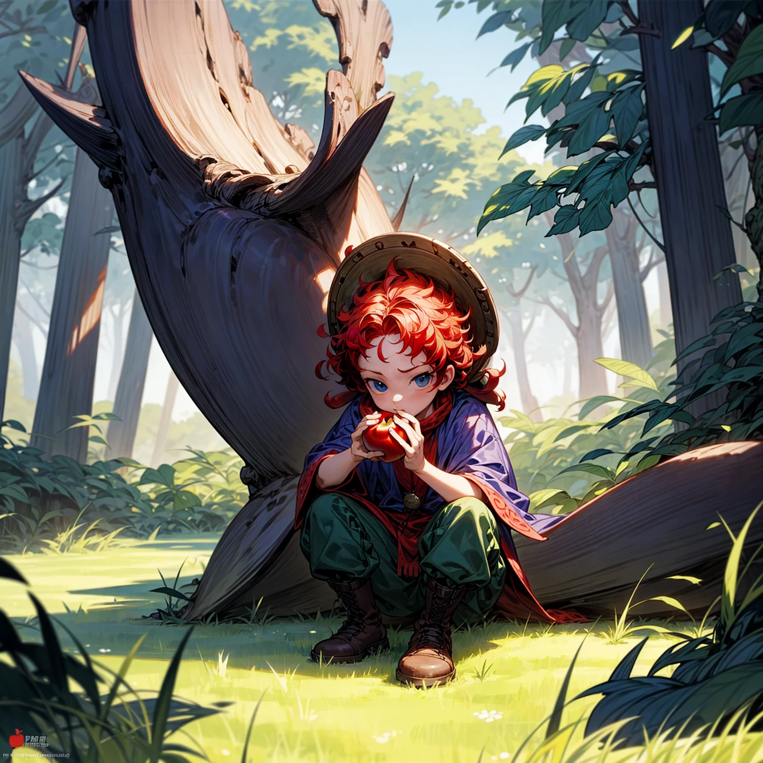 Grassroot, Full body version, solo, , blue eyes, red colour hair, short Curly hairstyle, Vikings style clothing, boots, Vikings helmets, full background in field forest, (one piece style art), eating Apple gesture, his eyes focused on the apple in his hand