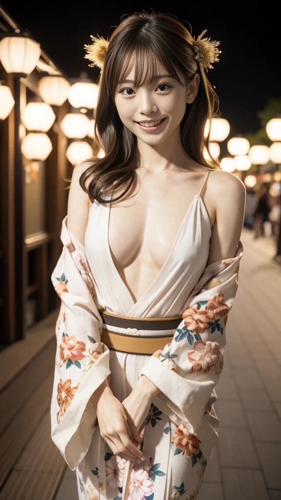 Realistic, Very detailed, (Highest quality, 8k, 32K, masterpiece, Ultra-high resolution:1.2), Photo of a beautiful 22 year old Japanese woman, Magic wand, alone, Bare shoulders, Small breasts, kimono, yukata, Brown Hair, Real Life Insertion, smile, hair ornaments, voice actor, Grin, Floral Yukata, Night Festival, (Face Focus:1.2),