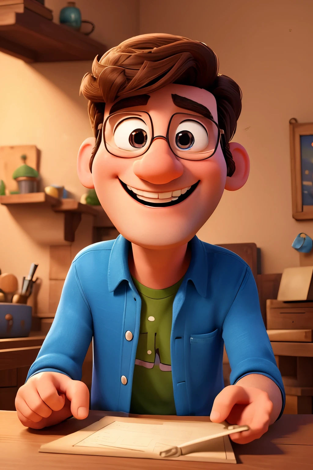 In a realistic three-dimensional and super detailed scene, as if it were designed at Pixar Disney, a happy man appears. He's smiling warmly, with intricate details in your expression, including fine lines around your eyes. The background is a bright and cheerful morning, with the sun shining and casting dynamic shadows. The season is spring, and the image exudes a vivid and uniform atmosphere.. The man is sitting in a wheelchair in