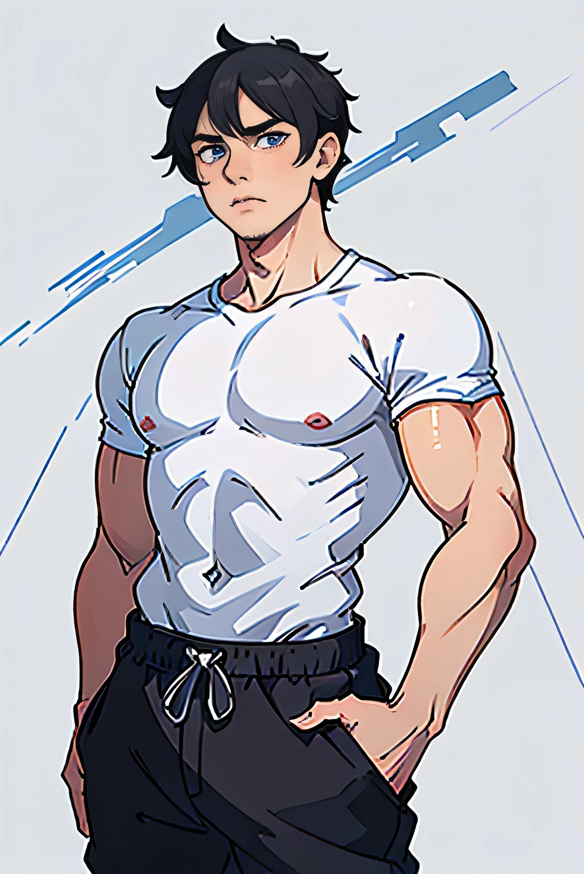 anime style, Standing at 6'3", commanding presence, short black hair, piercing blue eyes, tight black shirt, muscular build, white sweatpants, white background, straight hair, well done face, neutral face expression, face, face, face