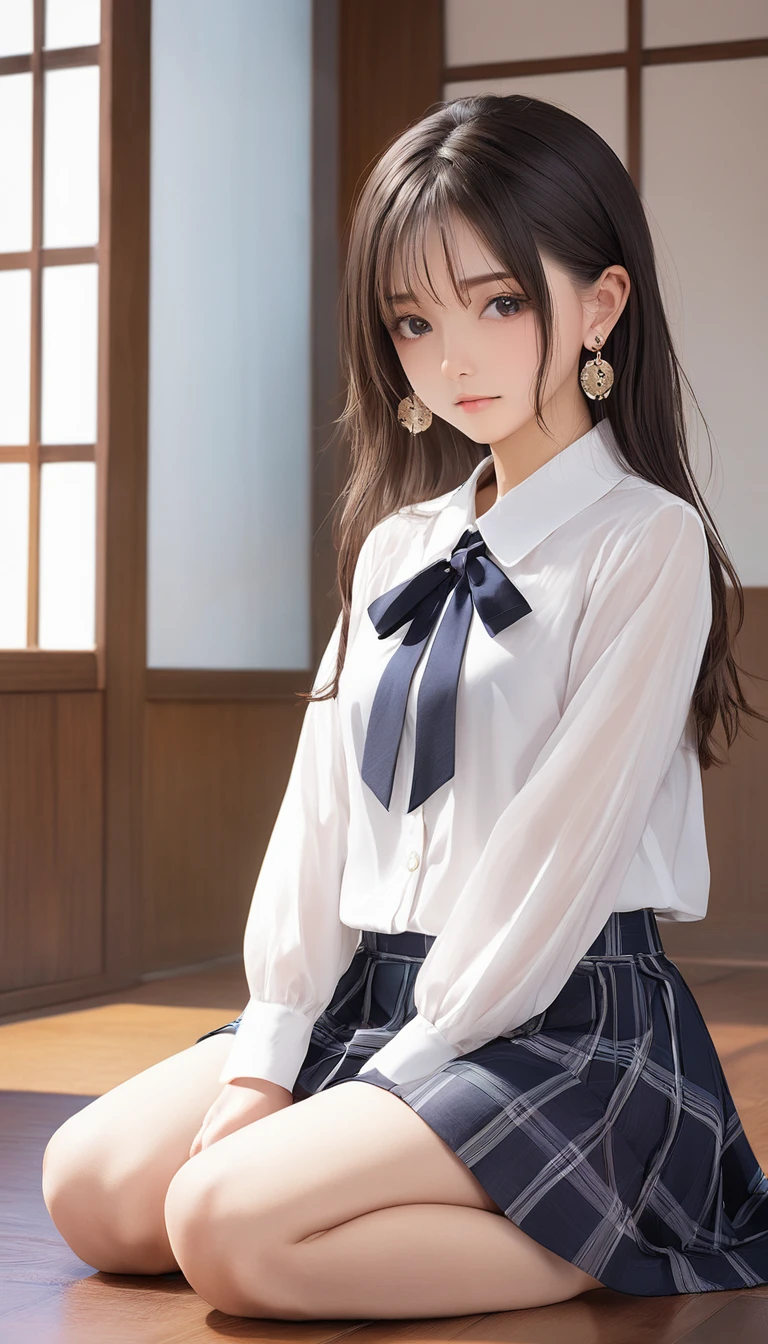 (masterpiece, Highest quality:1.2), One girl, alone,bony body、、Earrings、 (seiza) , blouse , skirt