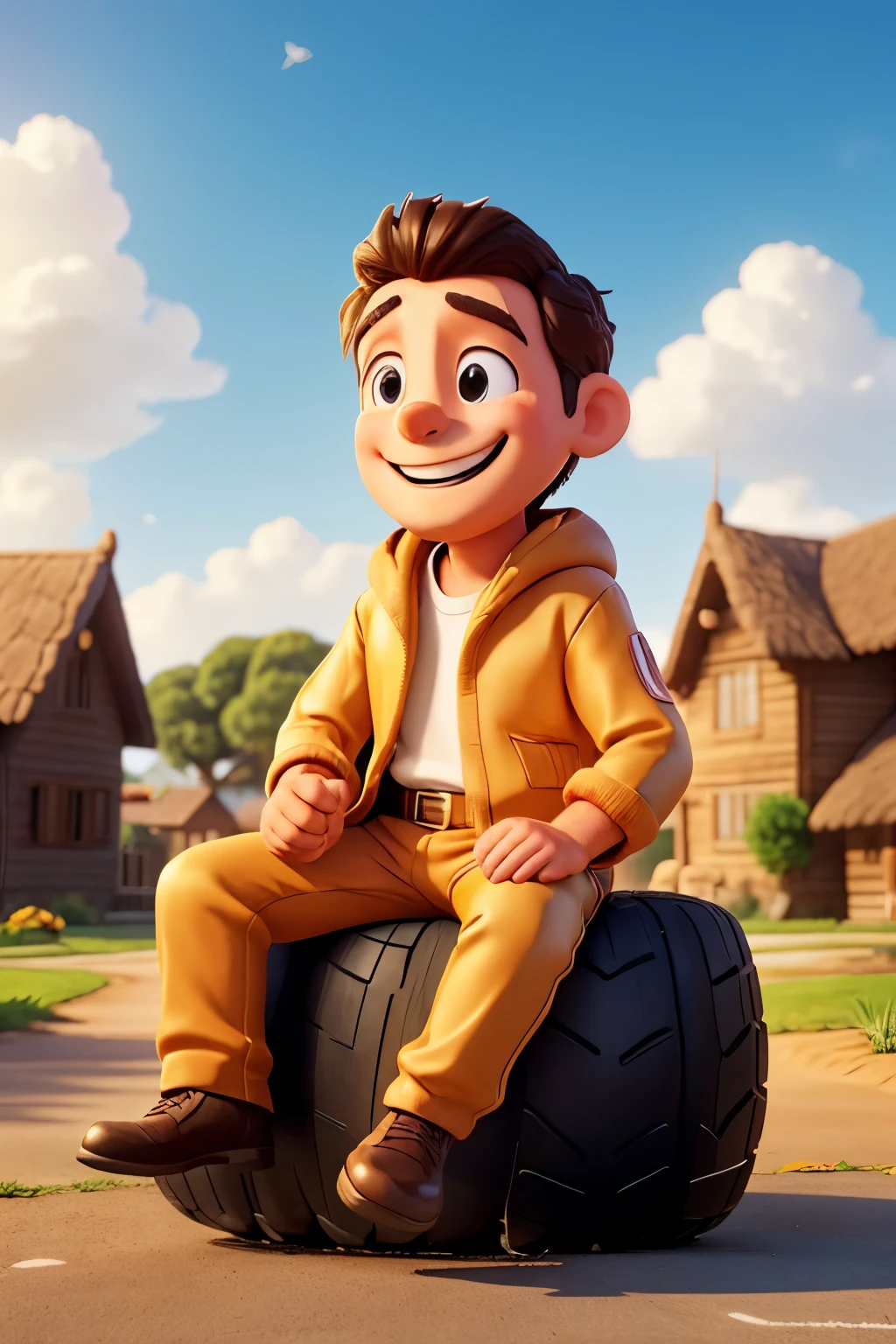 A happy man is sitting on a tire tracker, in a soft and shiny costume. He is smiling with exceptional sensitivity, with subtle and detailed lines in its affectionate expression. The background is a festive and lively morning, with the bright sun and dynamic inaccuracies in its shadows. The weather is spring, with a cheerful and uniform atmosphere. The environment exudes a feeling of happiness, calling itself 'S2' in all legit letters.