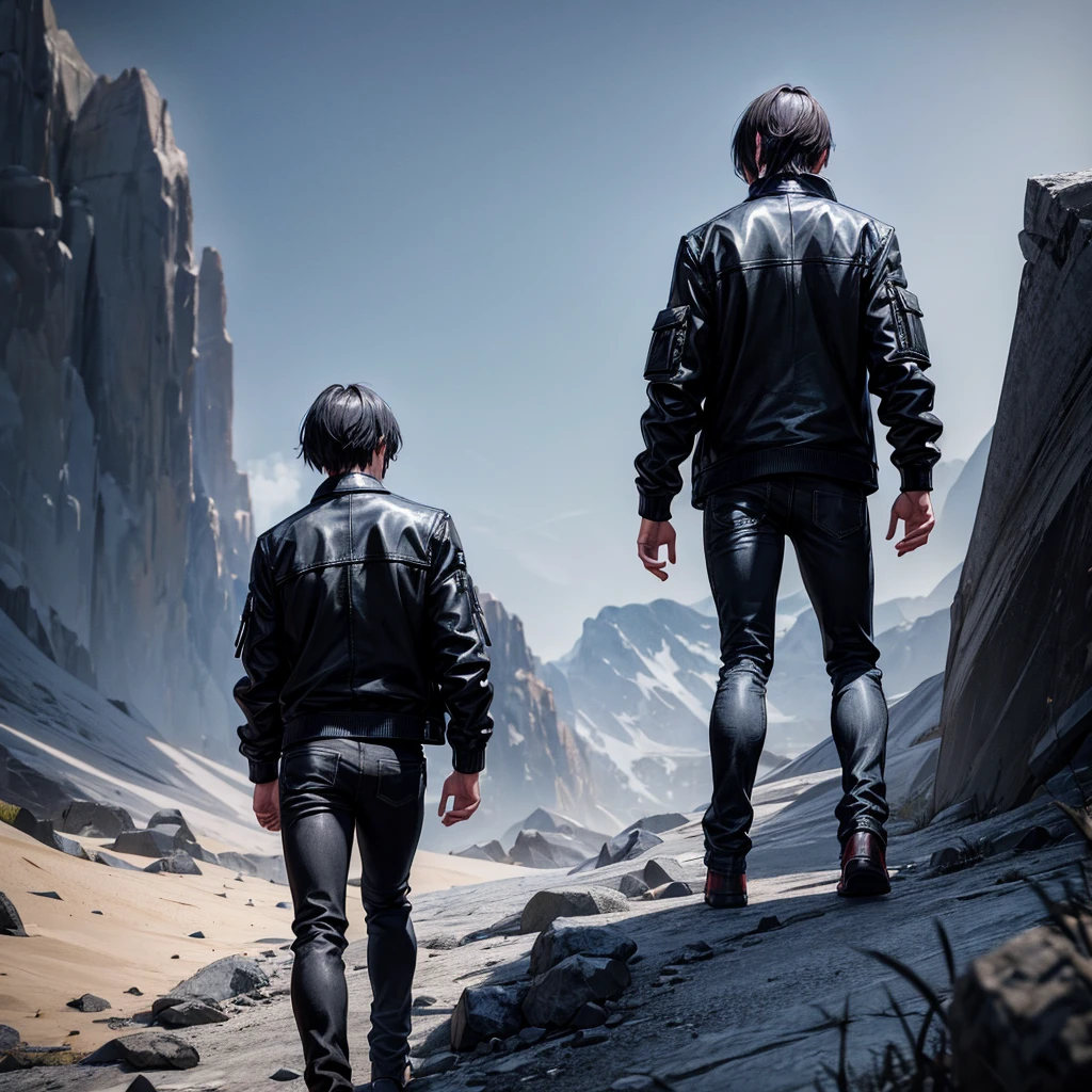 Look like Leon kennedy black hair black hood black jacket gray t shirt black jean walking on mountains back side look Animation 3d