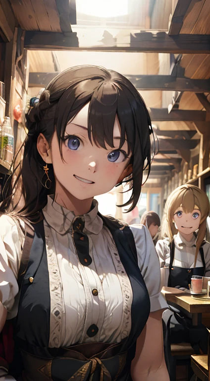 RPG Royalty, (Browsing Caution:1.2), A waitress in a medieval tavern、Sleeveless medieval garment、Blonde girl、Laughter, Underarm,