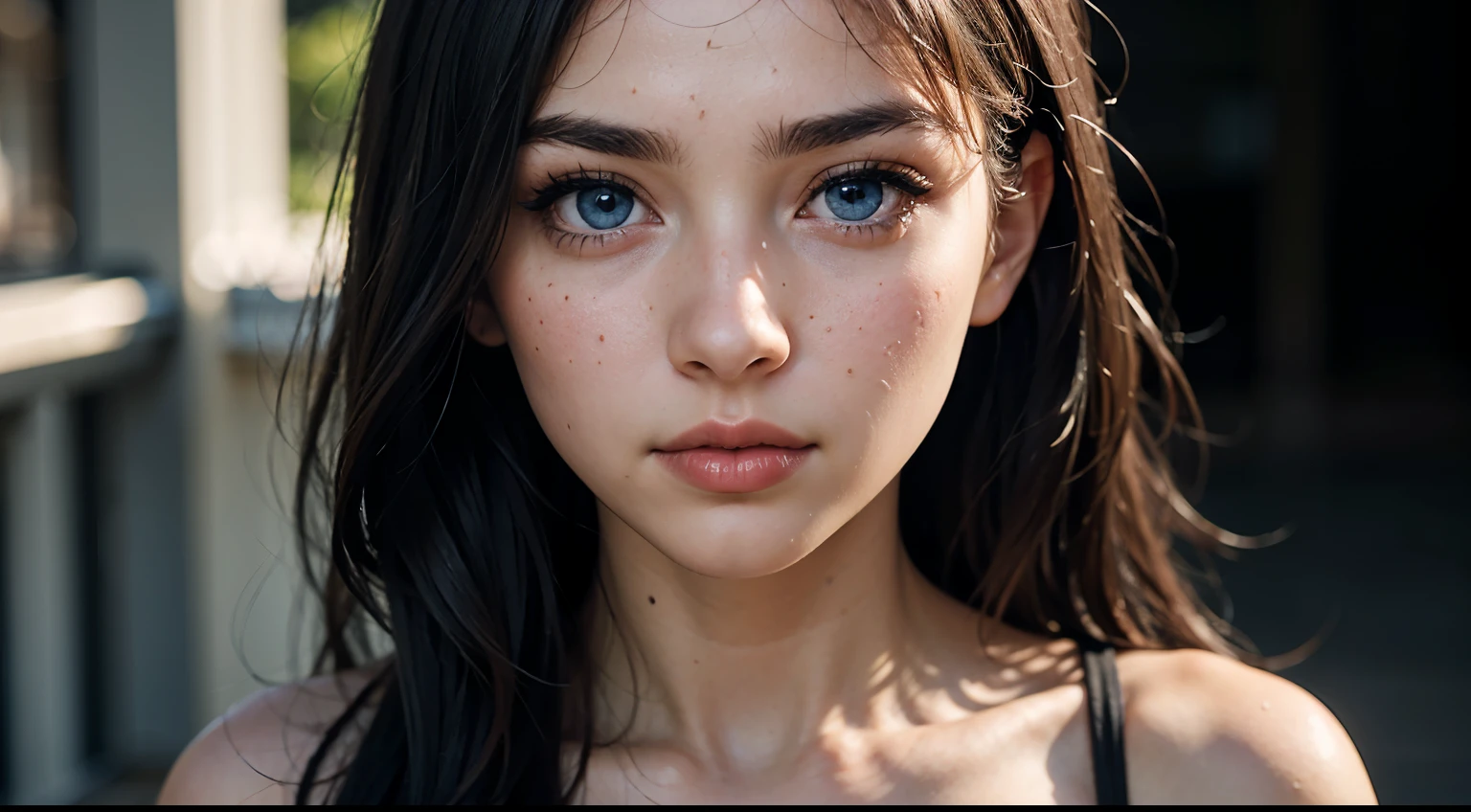 35mm film, solo, makeup, ((blue eyes)), looking at viewer, upper body, epiCPhoto, focus on face, close to viewer, intricate lines, , sharp magnificent details, delicate features, elaborate details, beautiful girl, black hair, (((long hair))) 1girl, eighteen year old woman ((upper body)) (Acne), ((natural lighting))
