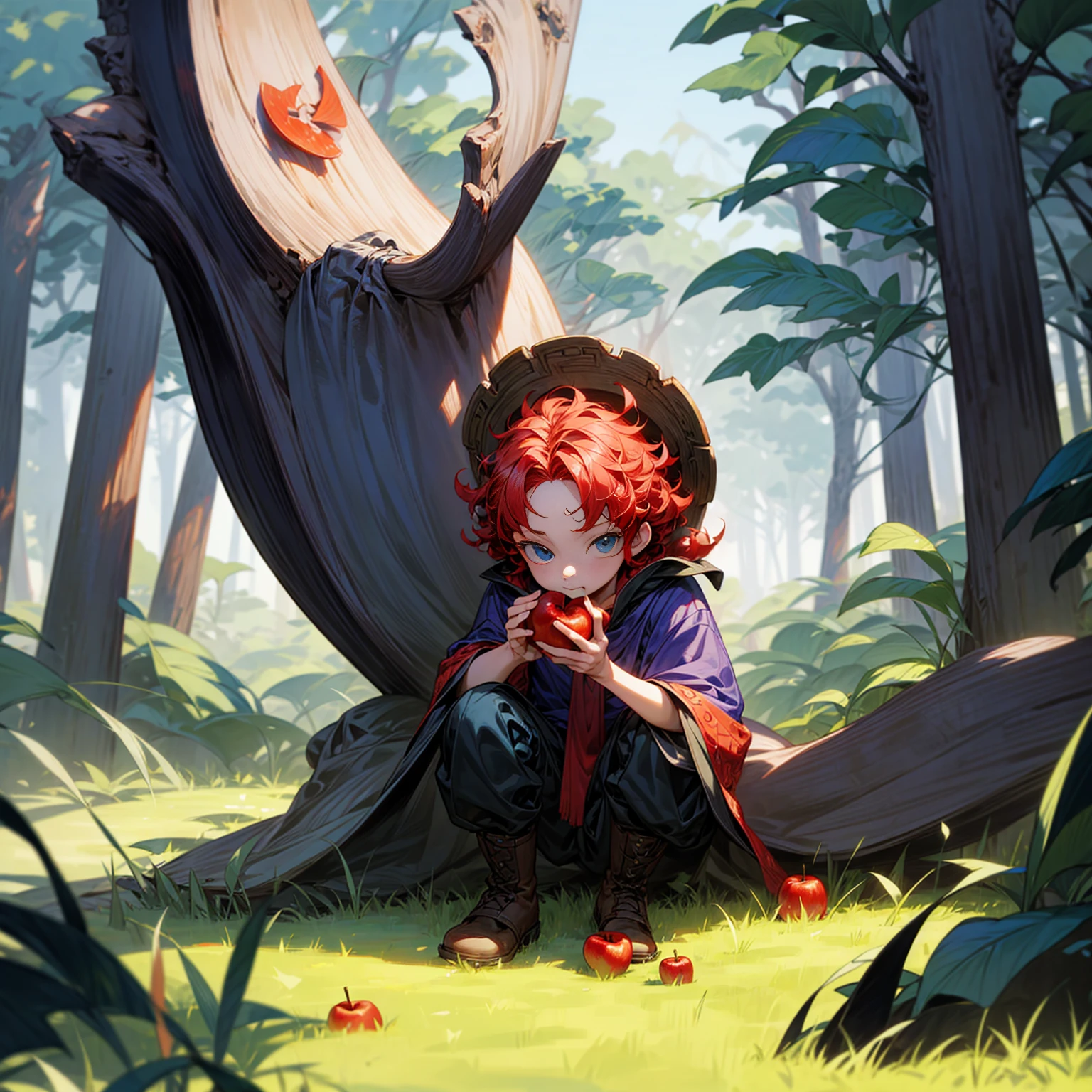 Grassroot, Full body version, solo, baby kid boy, blue eyes, red colour hair, short Curly hairstyle, Vikings style clothing, boots, Vikings helmets, full background in field forest, (one piece style art), eating Apple gesture, his eyes focused on the apple in his hand