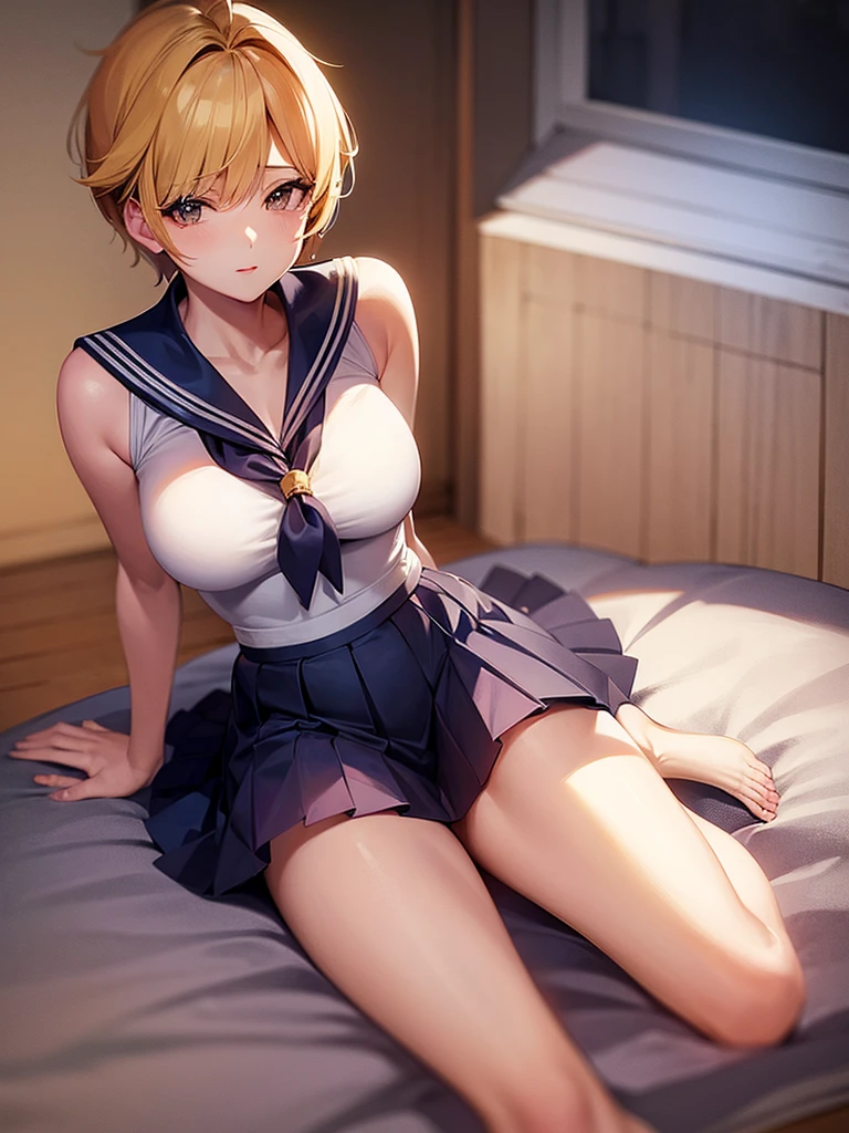 NSFW　Sailor Uranus, Kizuki Eye,, Big and ample breasts, Aqua Eye, Blonde, Sailor Warrior Uniforms, Sailor collar, Chest Bow, Yellow ribbon, Attractive skirt, White elbow gloves, Bedroom, (Nice:1.2),Shirtless and staring at the viewer, Erect nipples、Showing panties、Ultra mini skirt、Micro Panties、(Dynamic pose:1.2)、(Downから見る:1.2)、Camel Toe.Between the legs、belly button、Spread your legs.(Browsing Caution:1.2)、(Down :1.2)、Between the legsフォーカス、Dynamic Angle　((topless))　綺麗なBedroom　Night view