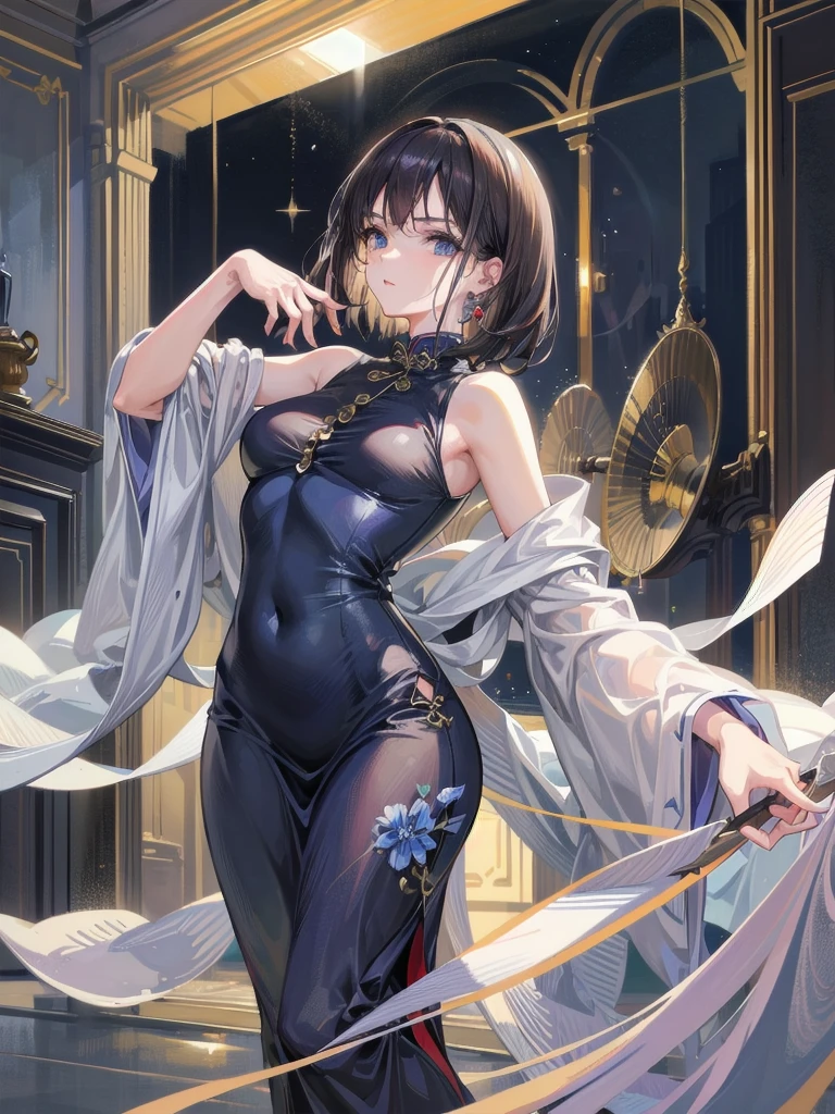 absurdres, RAW photo, extremely delicate and beautiful, masterpiece, Best Quality, ultra high resolution, 32k, hyperrealistic, ultra-detailed, detailed background, landscape, perfect anatomy, anatomically correct, perfect figure, Perfect Style, Perfect balance, super Detailed skin, in her 30s, very Slim body, narrow waist, very small head, very small face, delicate facial features, handsome detailed woman, very detailed eyes and face, realistic face proportions, Realistic beautiful face, Realistic beautiful eyes, tearful mole, earring, very huge round tits, full body shot, medium hair, asymmetrical hair, indoor, (indigo cheongsam:1.2),