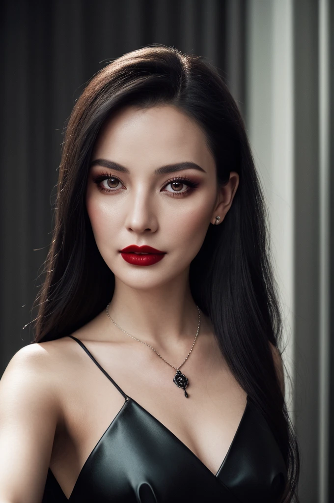 beautiful woman, long black dress with an intricate flower, necklace, vampire vibe, red lips, vampire smile, taking a selfie, Morticia, dark rose garden, tattoos with glowing lines, black bodycon dress, neckline, realism, hyperrealism, atmospheric haze, film grain, cinematic frame, shallow depth of field, high detail, high budget, moody, epic, overall detail, gorgeous, photorealistic, hidden camera, cinematic color grading, eye catchlight, atmospheric lighting, skin pores, imperfections, natural, fine sharpening