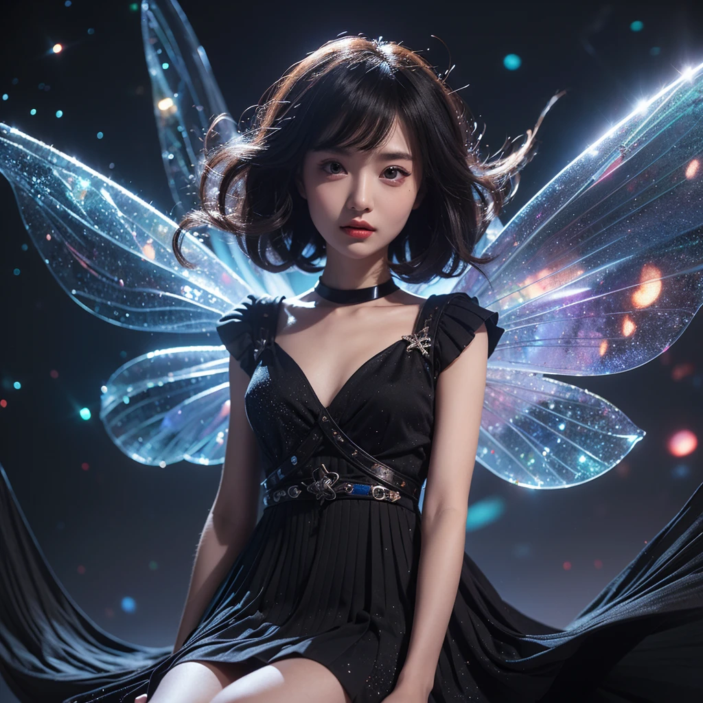On a top a long pipe is a cute fairy with spikes gel set hair and black eywswith Galaxy stars inside her eyes. V- neck@mini flared pleated dress. Futuristic Background lights under her translucent ethereal wings