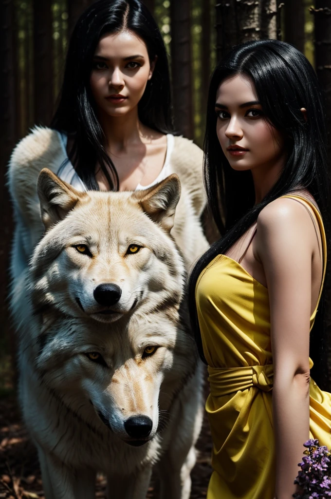 Woman with waist-length black hair, with white skin and lilac eyes. Along with a wolf bigger than her, black and with yellow eyes., let the environment be a forest at night