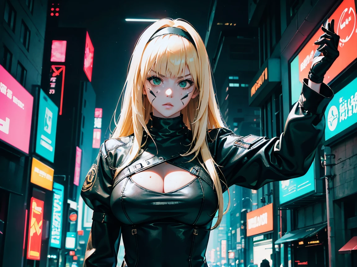 masterpiece, Best quality, (1 girl), (solo) (front facing), (upper body), (night), (dystopian city street), (large breast), (cleavage), (long hair),, gloves, dress boots, black gloves, puffy sleeves, black dress) (blak hairband),(cyberpunk costume), (blonde hair), (green eyes), feather-trimmed sleeves anime, realistic, masterpiece, (bobcut, bangs), (A2 costume) (cyber_mark), ( facial mark), (cyberpunk suit), (j4nu4ryj0n3s), (demure), (dark room), (neon lights), (cyberpunk room), (widwscreen photo)