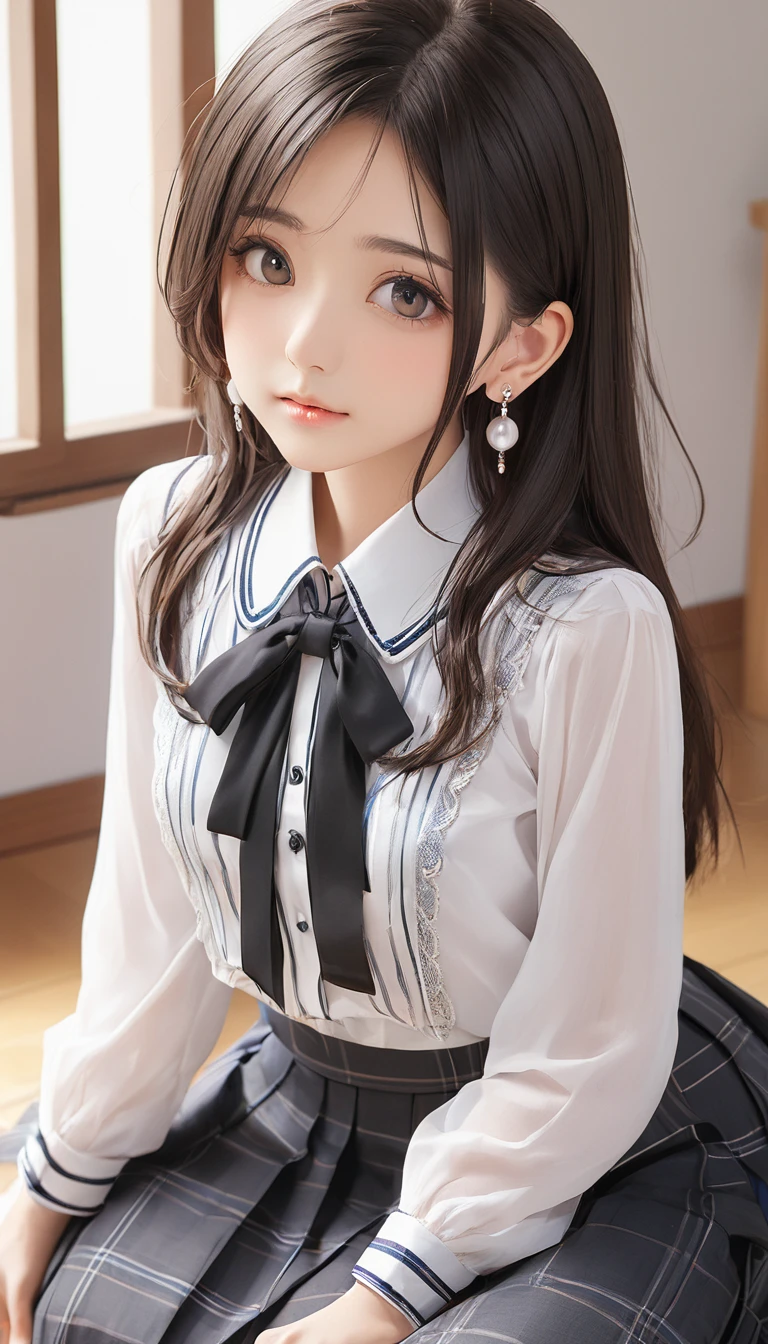 (masterpiece, Highest quality:1.2), One girl, alone,bony body、15 years old、Earrings、 (seiza) , blouse , skirt