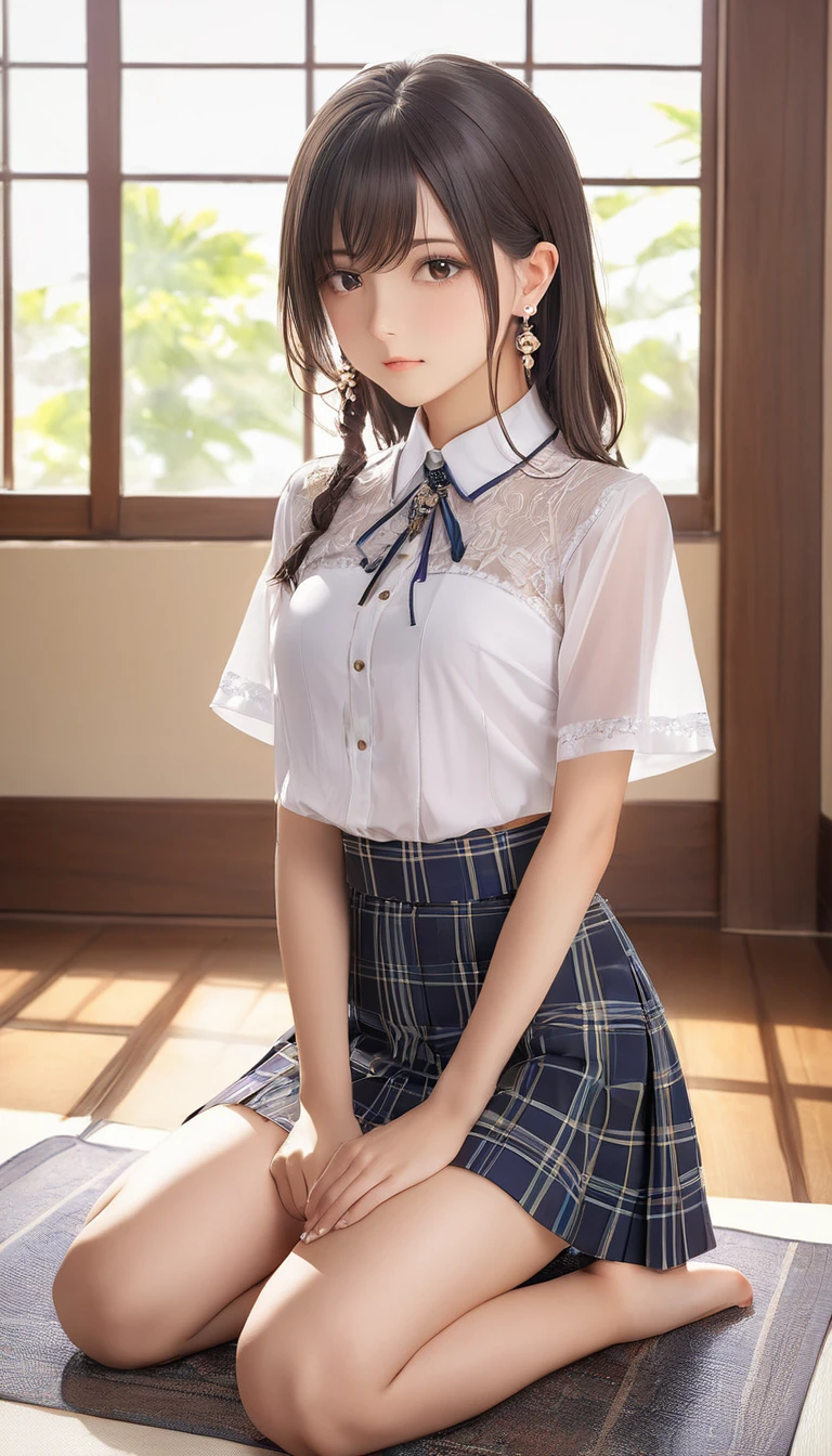 (masterpiece, Highest quality:1.2), One girl, alone,bony body、15 years old、Earrings、 (seiza) , blouse , skirt