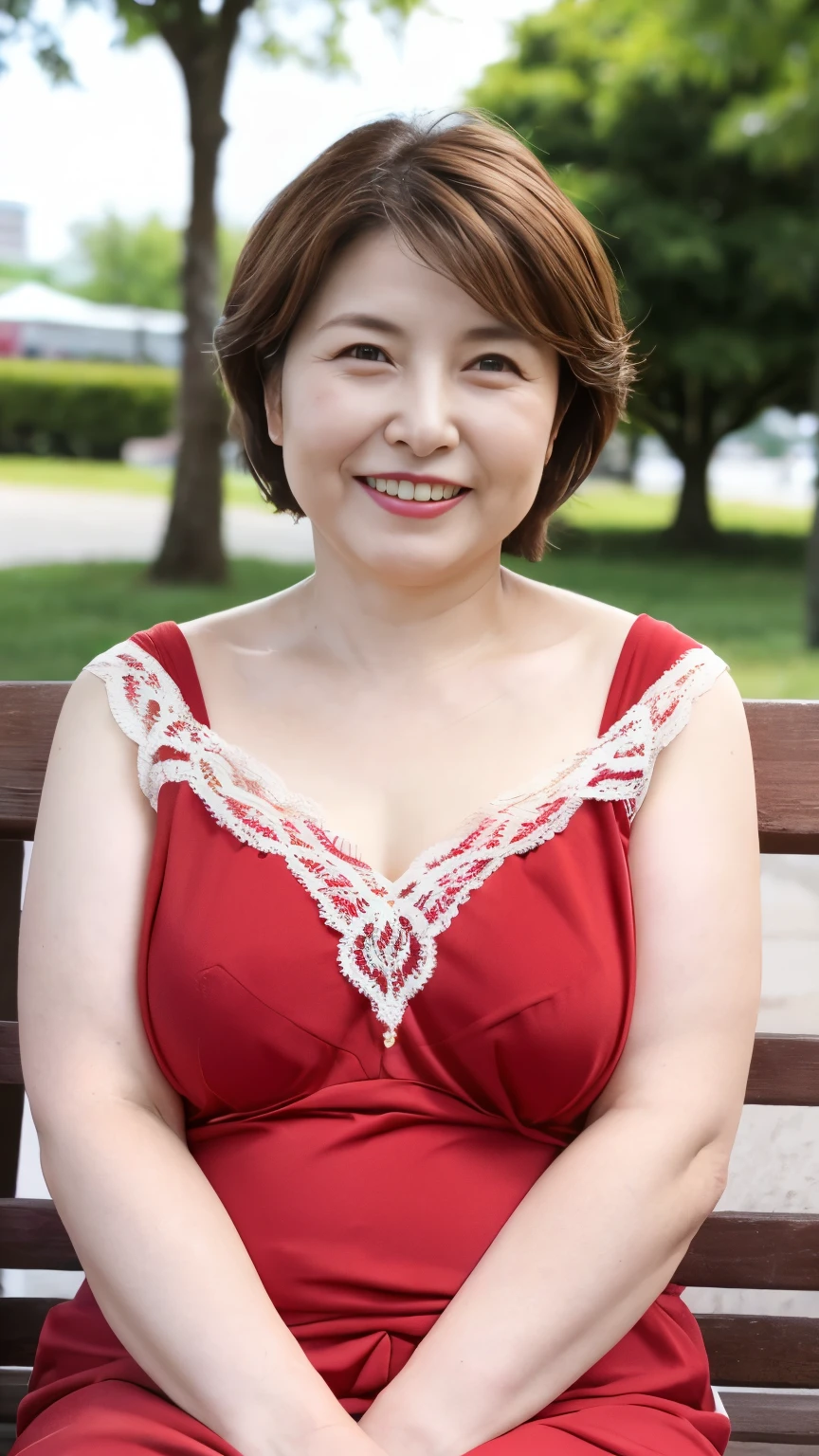Sitting on a park bench, Wrinkles around the eyes, Smiling with teeth showing, Plain short-sleeved clothing, senior citizen, Draw lips correctly, Red lipstick, No discomfort, 16K, Highest quality, Very detailed, Realistic, Very detailed肌, (Japanese), (alone), 60 years old, Large Breasts, , Glamour, sexy, Chromo White Skin, Staring straight ahead,