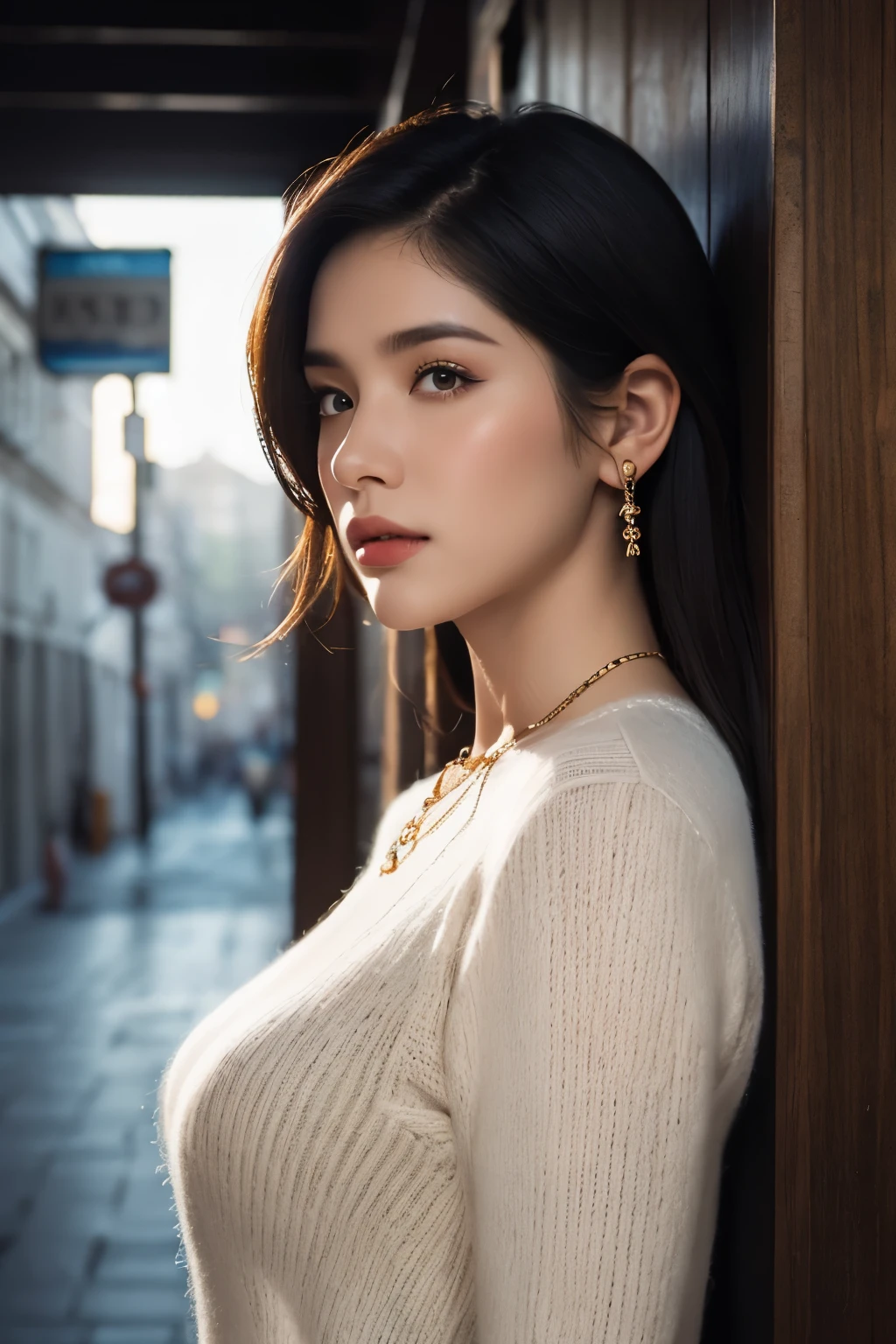 (RAW photo, best quality), (realistic, photo-Realistic:1.4), best quality, masterpiece, beautiful and aesthetic, 16K, (HDR:1.4), high contrast, (vibrant color:1.4), (muted colors, dim colors, soothing tones), cinematic lighting, ambient lighting, sidelighting, Exquisite details and textures, cinematic shot, Warm tone, (Bright and intense:1.2), wide shot, ultra realistic illustration, natural ratio, Full length side view, lean against the wall, shot curly black hair, blue eyes, oray knit sweater, white knit gloves, a beautiful Indian girl, brown_skin, icy eyeshadow, diamond necklace, Digital art, intricate artwork masterpiece, ominous, movie poster style, golden ratio, trending on cgsociety, intricate, epic, trending on artstation, highly detailed, vibrant, production cinematic character render, ultra high quality model