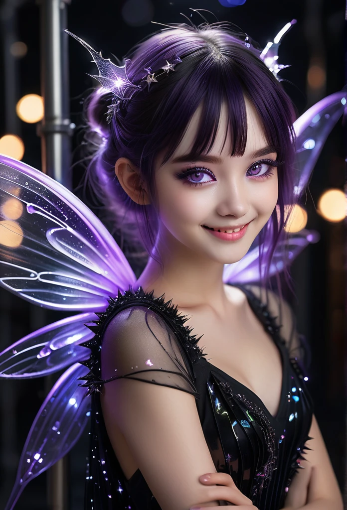 photography, high detail, realistic, masterpiece, HD best quality, perfect face. ((smiling)) purple eyes.On a top a long pipe is a cute fairy with spikes gel set hair and black eywswith Galaxy stars inside her eyes. V- neck@mini flared pleated dress.  Futuristic Background lights under her translucent ethereal wings