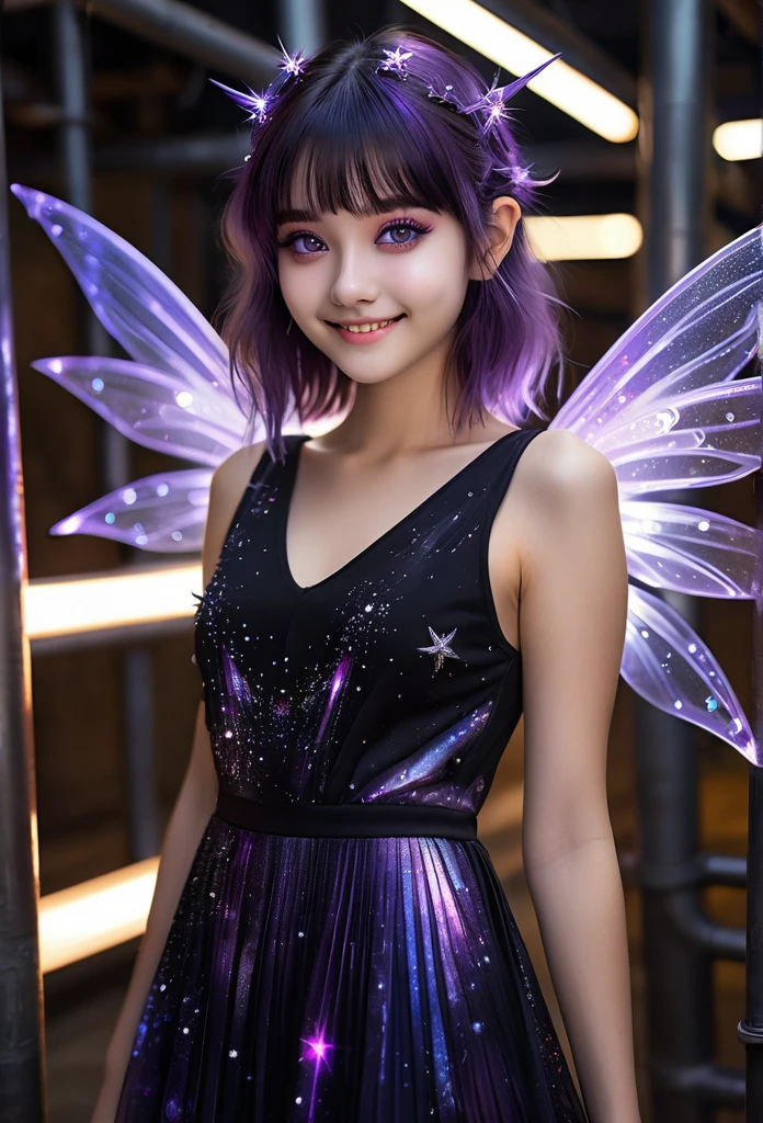 photography, high detail, realistic, masterpiece, HD best quality, perfect face. ((smiling)) purple eyes.On a top a long pipe is a cute fairy with spikes gel set hair and black eywswith Galaxy stars inside her eyes. V- neck@mini flared pleated dress. Futuristic Background lights under her translucent ethereal wings