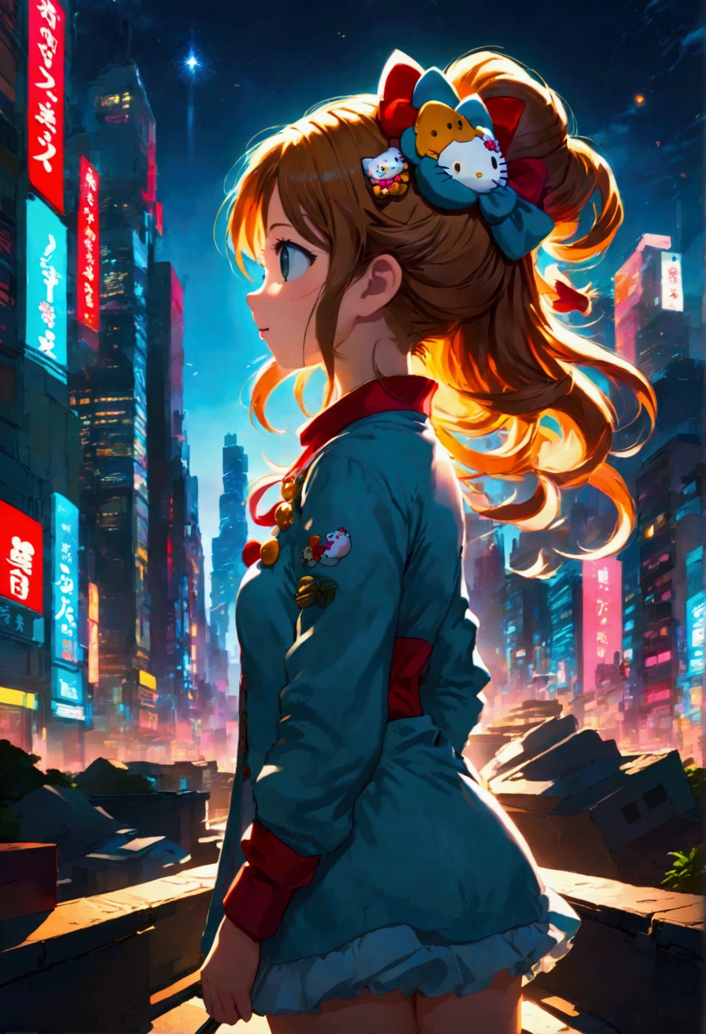 1girl, Hello Kitty, cute, (Back View:1.4), outdoor, city, anime screenshot, source_anime, dramatic composition, cinematic dynamic action scene, vibrant colors, cinematic lighting, dramatic lighting, best quality, masterpiece, very aesthetic, perfect composition, intricate details, ultra-detailed