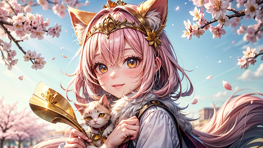 a small kitten with light pink fur and a furry tail wearing a tiara of golden flowers amidst cherry blossoms