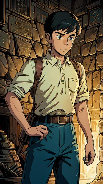 (Teens:1boy: Tintin,t3mu1), (extremely detailed CG unit 8k wallpaper),(master part), (best quality), (ultra detali), (best illustration),(melhor ombre), cowboy shot, (Sharp eyeliner, ombre, detailed eyes:1), ancient tomb interiors background, ,break , (ghibli style), upper body, very short hair, black hair, white top,brown pants