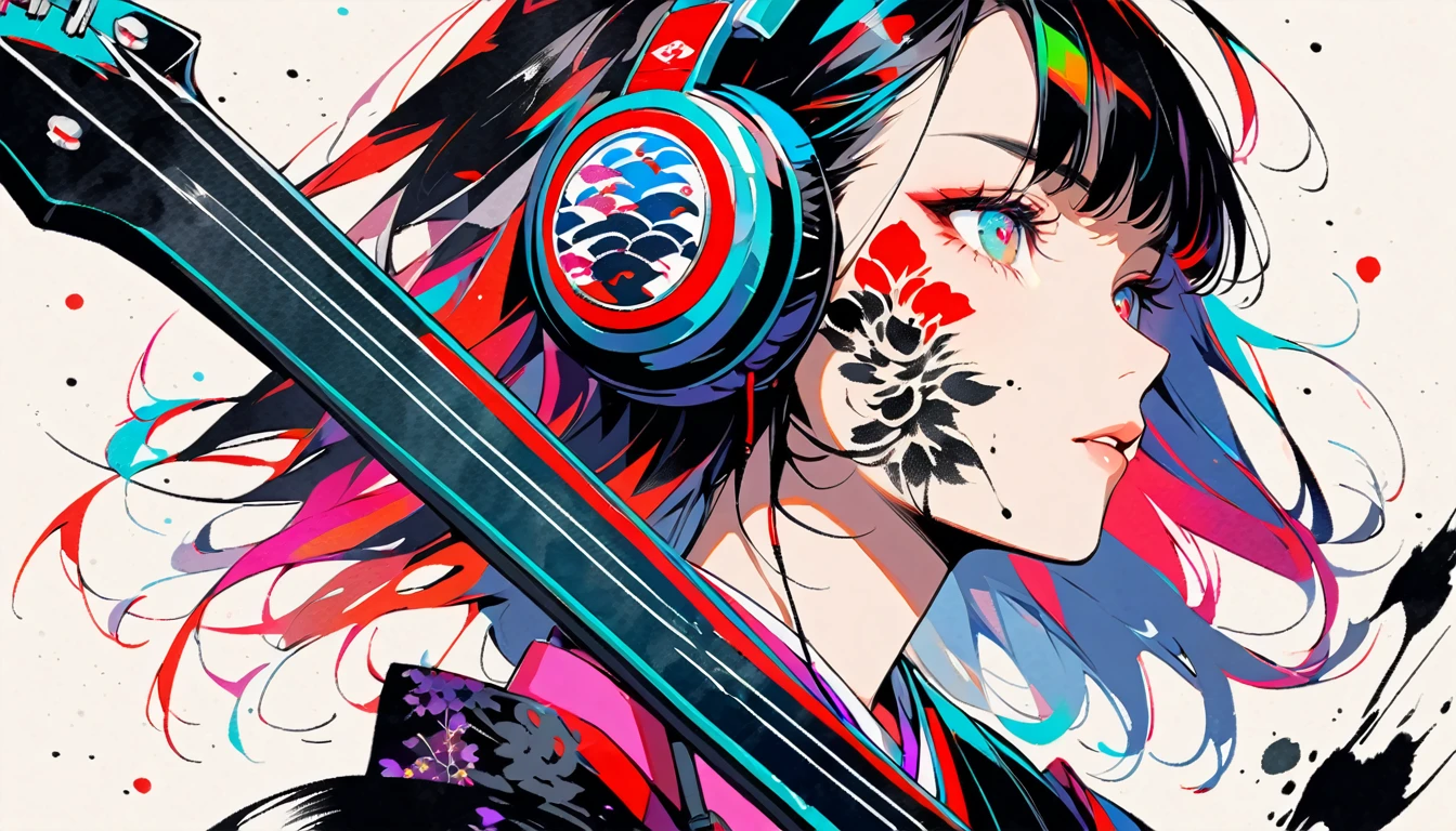 (((Ink Painting))), ((Japanese style headphones)), (((Japanese pattern tattoo on face))), electric bass, Gorgeous hair accessories, Japanese, vividcolor, face close up