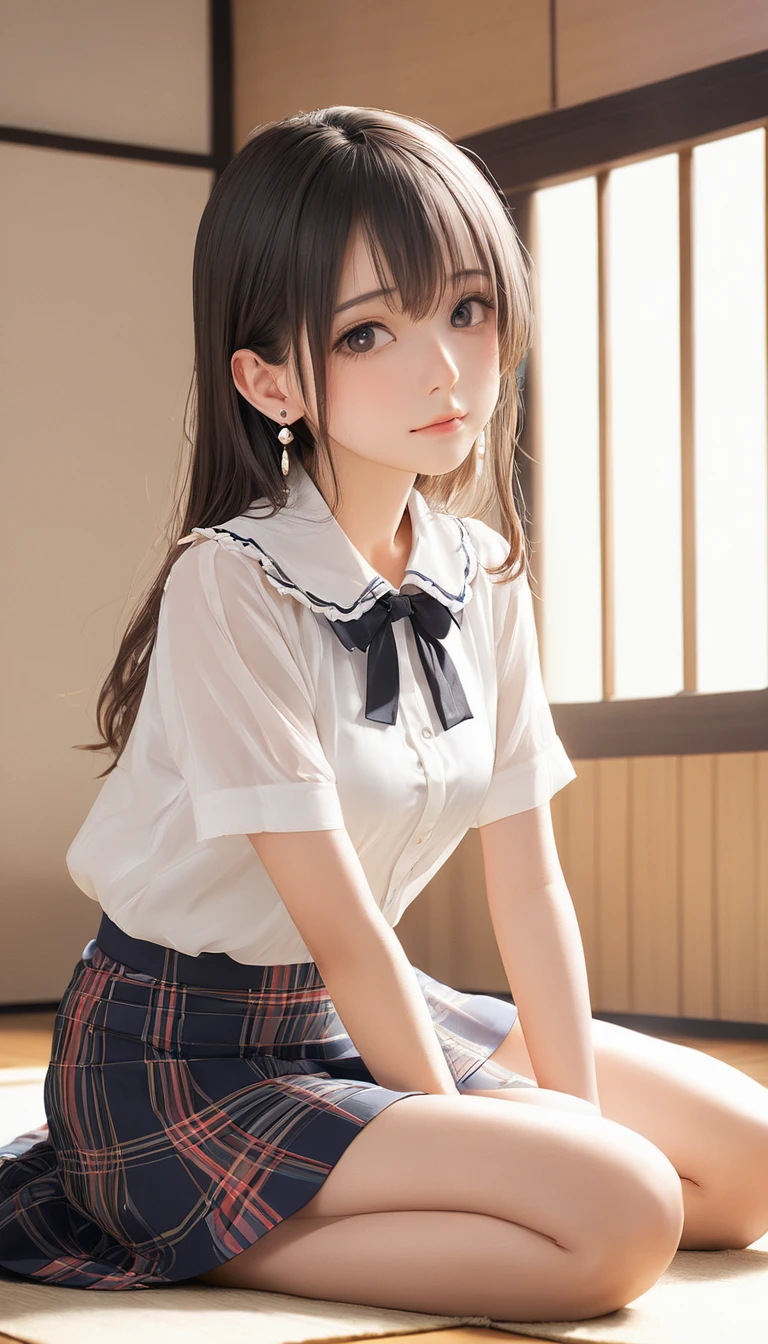 (masterpiece, Highest quality:1.2), One girl, alone,bony body、15 years old、Earrings、 (seiza) , blouse , skirt
