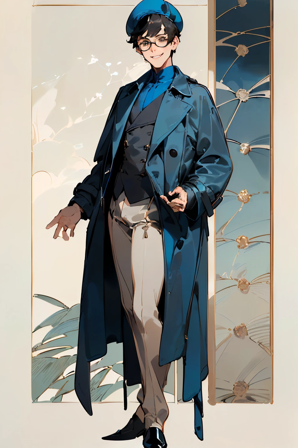 (male), (masterpiece, stunning eyes, glossy_eyes, ((Masterpiece)), (Expressive brown eyes) ((Man)) Osamu Tezuka, a Japanese, round ((glasses)), ((has short (black hair), ((Wearing gray beret)) (masterpiece), solo, smiling, perfect hands, an older Japanese man, smiling, ((wearing dark blue trench coat)) ((Wearing periwinkle suit)) (((Full-body image)))