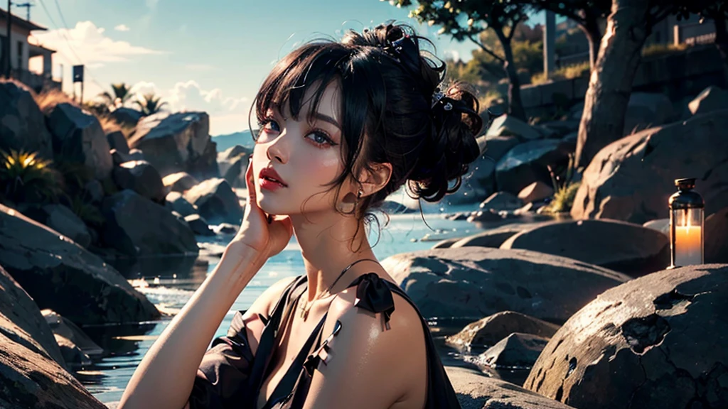 Beauty, youtube banner, Healing ,song ,Nature (hi-top fade:1.3), Bright Themes, calm tone, (glamour, black hair, natural skin texture, surrealism, soft light, sharp)