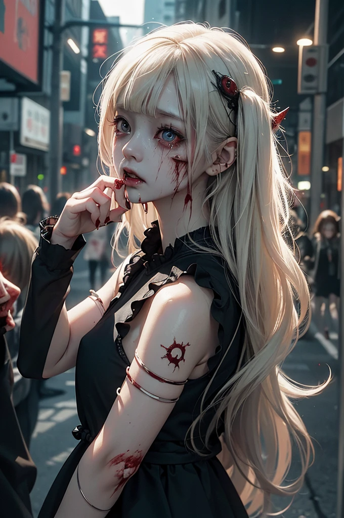 Highest quality, masterpiece, look up, cute,(Horror),(((Beautiful zombie girl))),Dead,Trying to bite,(((Bleeding,Injured))),(((Shedding tears of blood))),((口からBleeding)),((Covered in blood)),(Sexy),(sexy),((Small breasts)),Baby Face,(Middle school students),Blonde,((Masturbation)),(((Blowjob))),Beautiful Style,((Pale skin)),Sensual look,Embarrassed,Sexy表情,Expressions of delight,(Dark atmosphere),(Dark atmosphere,fear),((Dim lighting))