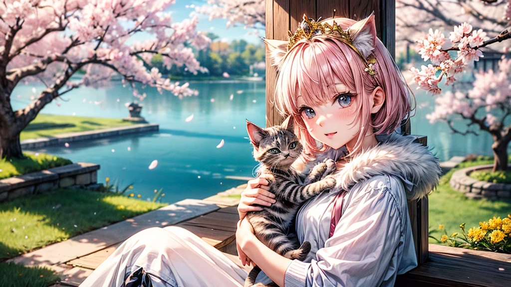 a small kitten with light pink fur and a furry tail wearing a tiara of golden flowers amidst cherry blossoms