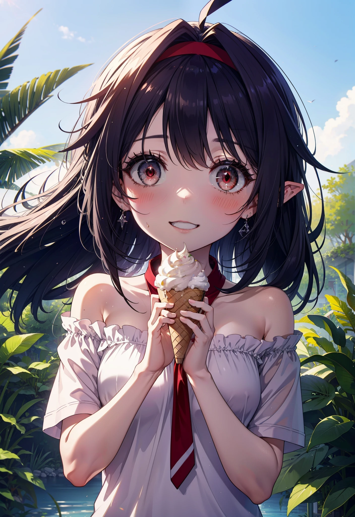 yuukikonno, Yuuki Konno, , Long Hair, Pointed Ears, Purple Hair, Ahoge,(Red eyes:1.5), (Small breasts:1.2), hair band,Oversized one-shoulder shirt,Short sleeve,Shorts,Heeled Sandals,Walking,Daytime,Clear skies,Holding and eating ice cream with both hands,happy smile,smile, Open your mouth,whole bodyがイラストに入るように,Palm tree,
break looking at viewer, whole body,
break outdoors, tropical,In town,
break (masterpiece:1.2), Highest quality, High resolution, unity 8k wallpaper, (figure:0.8), (Beautiful attention to detail:1.6), Highly detailed face, Perfect lighting, Highly detailed CG, (Perfect hands, Perfect Anatomy),