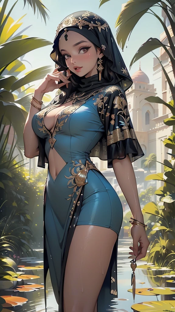 arabian girl,1girl,((((black race)))),

(large breasts:1.4),((((black hair,colored inner hair)))),(((brown_eyes:1.3))),intricate eyes,beautiful detailed eyes,symmetrical eyes,((((tan,dark skin,black skin:1.35,dark-skinned_female,dark skin:1.3,ebony skin,lustrous skin:1.5,bright skin: 1.5,shiny skin,very shiny skin,shiny body)))),,(spider lower abdomen,narrow waist,wide hip,athletic body,inflated legs,thick thighs,(detailed face)),beautiful detailed lips,

cute,slutty,sensual,seductive look,seductive,((erotic)),opulent,sumptuous,((nsfw)),

(hijab:1.5),arabic style headdress, egyptian light clothes,((arabian warrior:1.5),Gold embroidery and jewelry),arabian accessories,(arabian jewelry in her arms),earrings,(((eyeshadow,arabian makeup,eyelid makeup))),(((blue clothes,blue outfit,wet clothes,intricate outfit,embroidered outfit,ornate outfit,intricate cloth,embroidered cloth,ornate cloth))),

(dynamic pose:1.3), looking at viewer,embarrassed,centered,scale to fit dimensions,Rule of thirds,

outdoors,(Arab palace,Arab palace background,pyramids in the background),scenery,(oasis,oasis background),extremely scenery,(puddles everywhere,moss,moss on the background),clouds,Arab style,Arab castle,lily pads,palms,reeds,(sunset, golden hour),

(Glossy Arab ornaments),highres,sharp focus,(ultra detailed,extremely detailed),(photorealistic artwork:1.37),(extremely detailed CG unity 8k wallpaper),(((vibrant colors,vibrant theme))),(intricate),(masterpiece),(best quality),artistic photography,(photography taken by sldr),(intricate background),perfect rendered face,perfect face details,realistic face,photo realistic,((intricate detail)),(((realism))),

