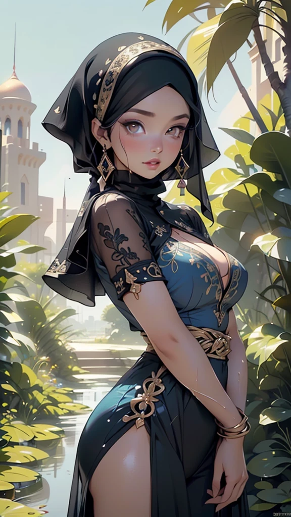 arabian girl,1girl,((((black race)))),
(large breasts:1.4),((((black hair,colored inner hair)))),(((brown_eyes:1.3))),intricate eyes,beautiful detailed eyes,symmetrical eyes,((((tan,dark skin,black skin:1.35,dark-skinned_female,dark skin:1.3,ebony skin,lustrous skin:1.5,bright skin: 1.5,shiny skin,very shiny skin,shiny body)))),,(spider lower abdomen,narrow waist,wide hip,athletic body,inflated legs,thick thighs,(detailed face)),beautiful detailed lips,
cute,slutty,sensual,seductive look,seductive,((erotic)),opulent,sumptuous,((nsfw)),
(hijab:1.5),arabic style headdress, egyptian light clothes,((arabian warrior:1.5),Gold embroidery and jewelry),arabian accessories,(arabian jewelry in her arms),earrings,(((eyeshadow,arabian makeup,eyelid makeup))),(((blue clothes,blue outfit,wet clothes,intricate outfit,embroidered outfit,ornate outfit,intricate cloth,embroidered cloth,ornate cloth))),
(dynamic pose:1.3), looking at viewer,embarrassed,centered,scale to fit dimensions,Rule of thirds,
outdoors,(Arab palace,Arab palace background,pyramids in the background),scenery,(oasis,oasis background),extremely scenery,(puddles everywhere,moss,moss on the background),clouds,Arab style,Arab castle,lily pads,palms,reeds,(sunset, golden hour),
(Glossy Arab ornaments),highres,sharp focus,(ultra detailed,extremely detailed),(photorealistic artwork:1.37),(extremely detailed CG unity 8k wallpaper),(((vibrant colors,vibrant theme))),(intricate),(masterpiece),(best quality),artistic photography,(photography taken by sldr),(intricate background),perfect rendered face,perfect face details,realistic face,photo realistic,((intricate detail)),(((realism))),